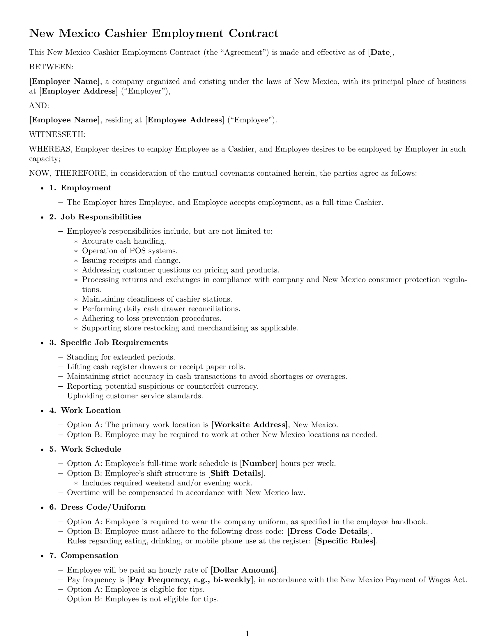 Preview page 1 of Free New Mexico cashier employment contract template