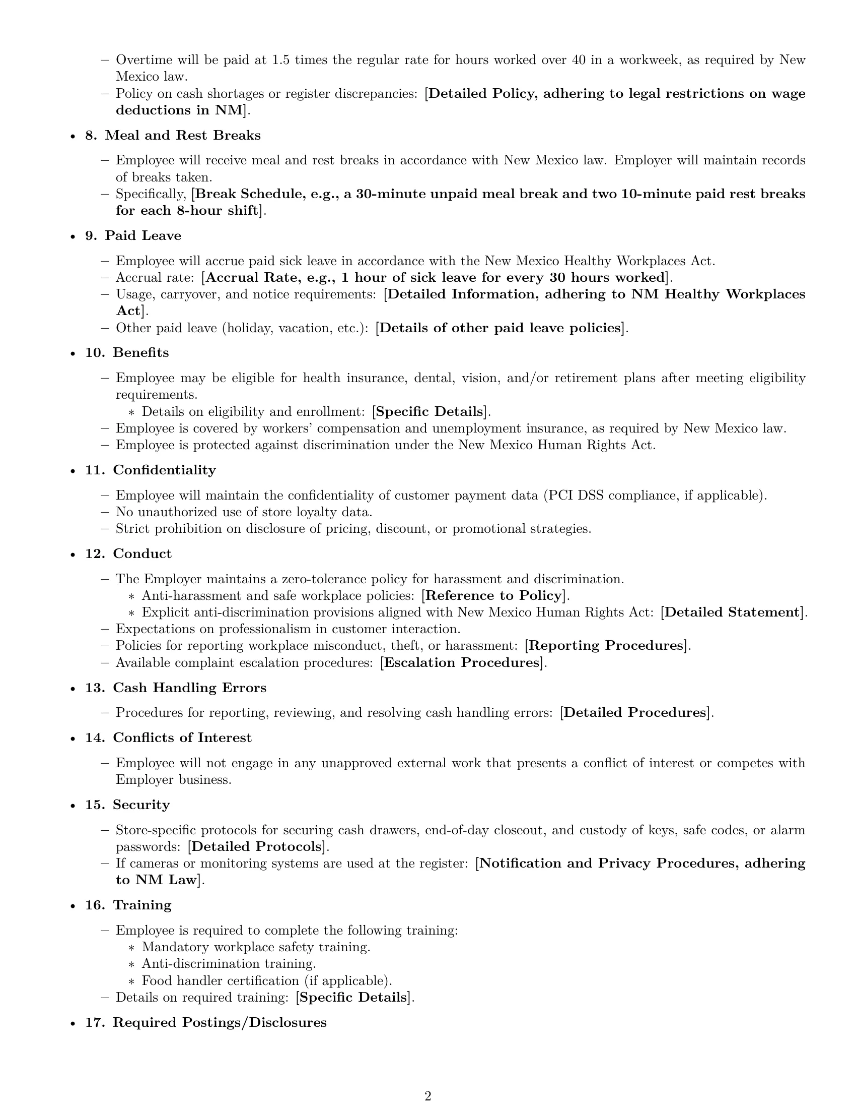 Preview page 2 of Free New Mexico cashier employment contract template