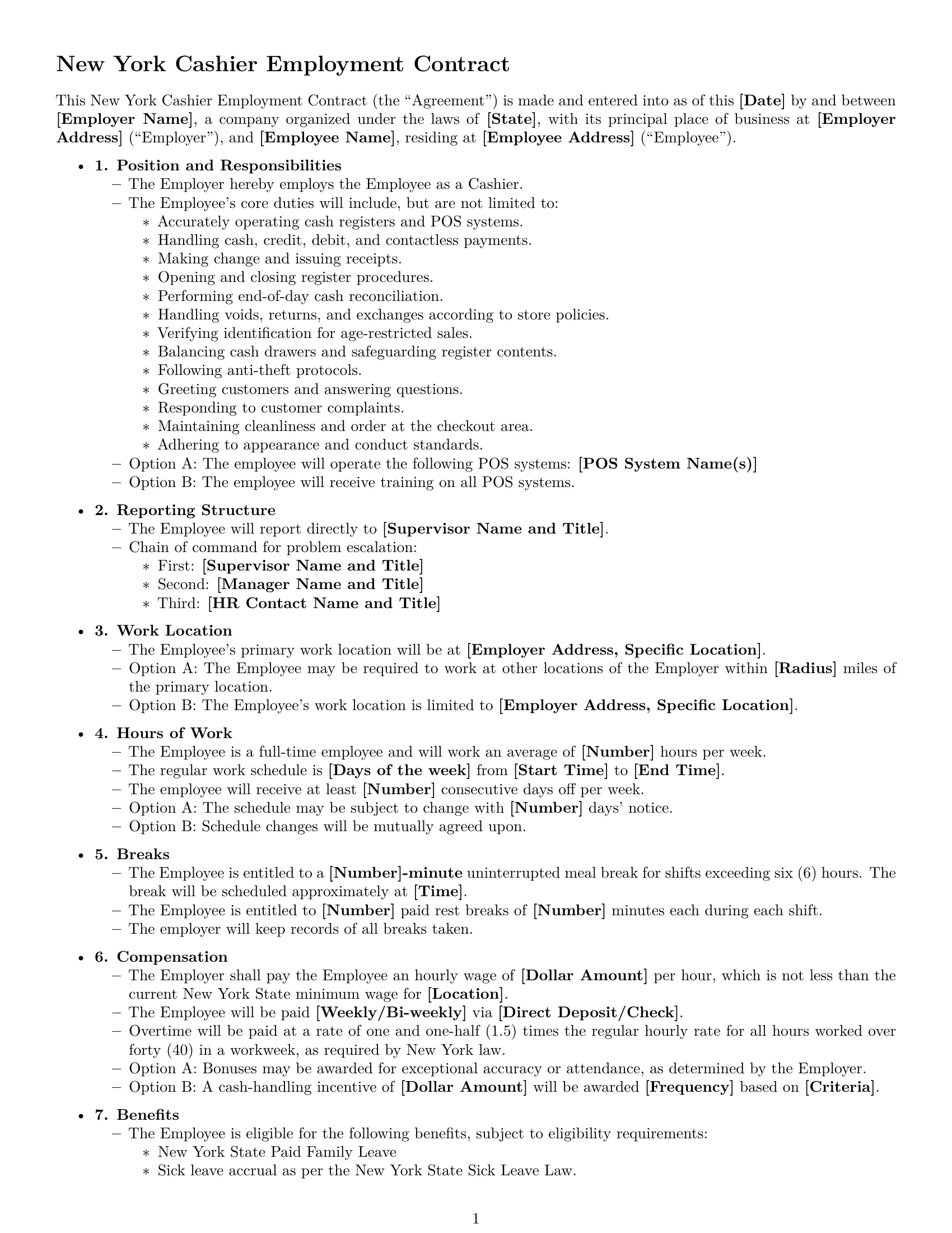 Preview page 1 of Free New York cashier employment contract template