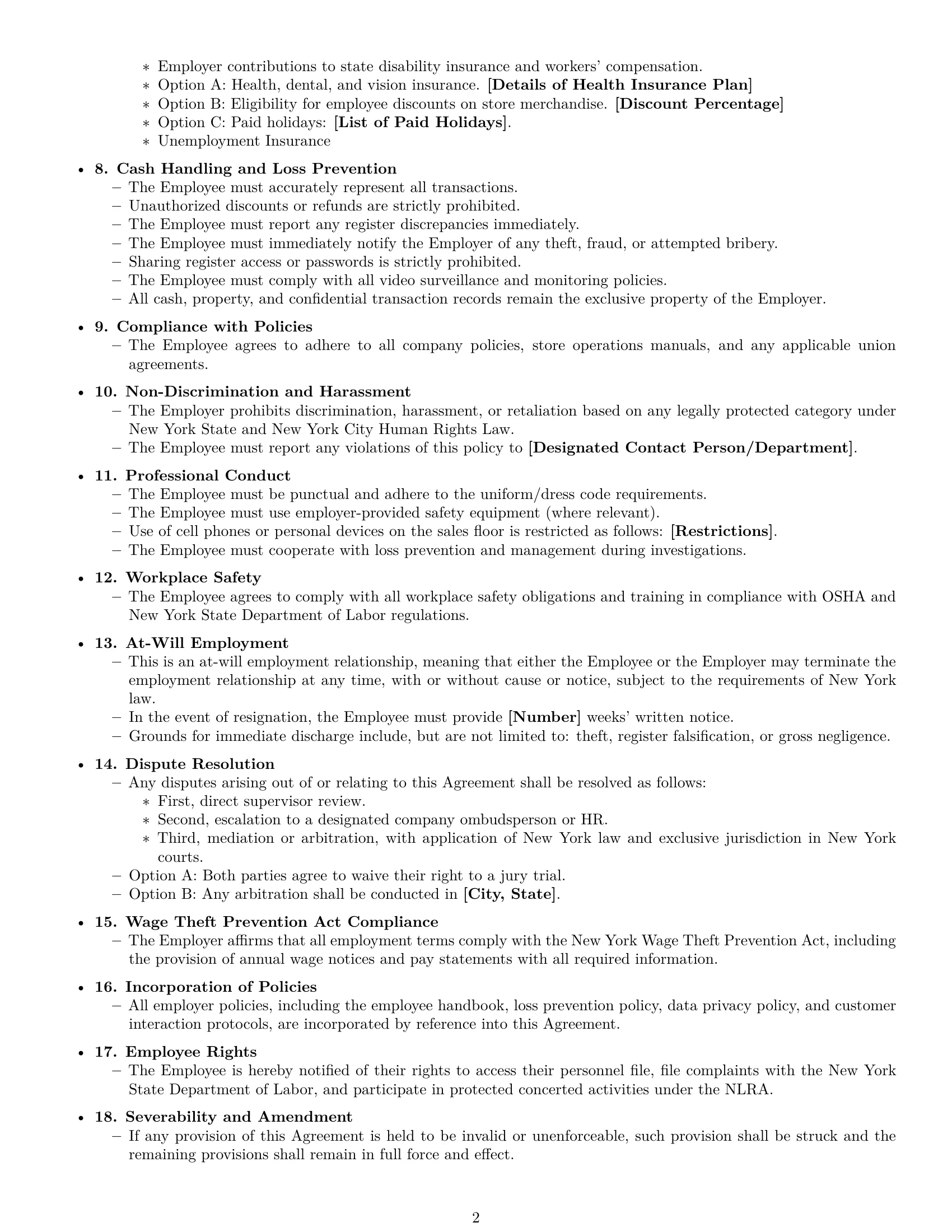 Preview page 2 of Free New York cashier employment contract template