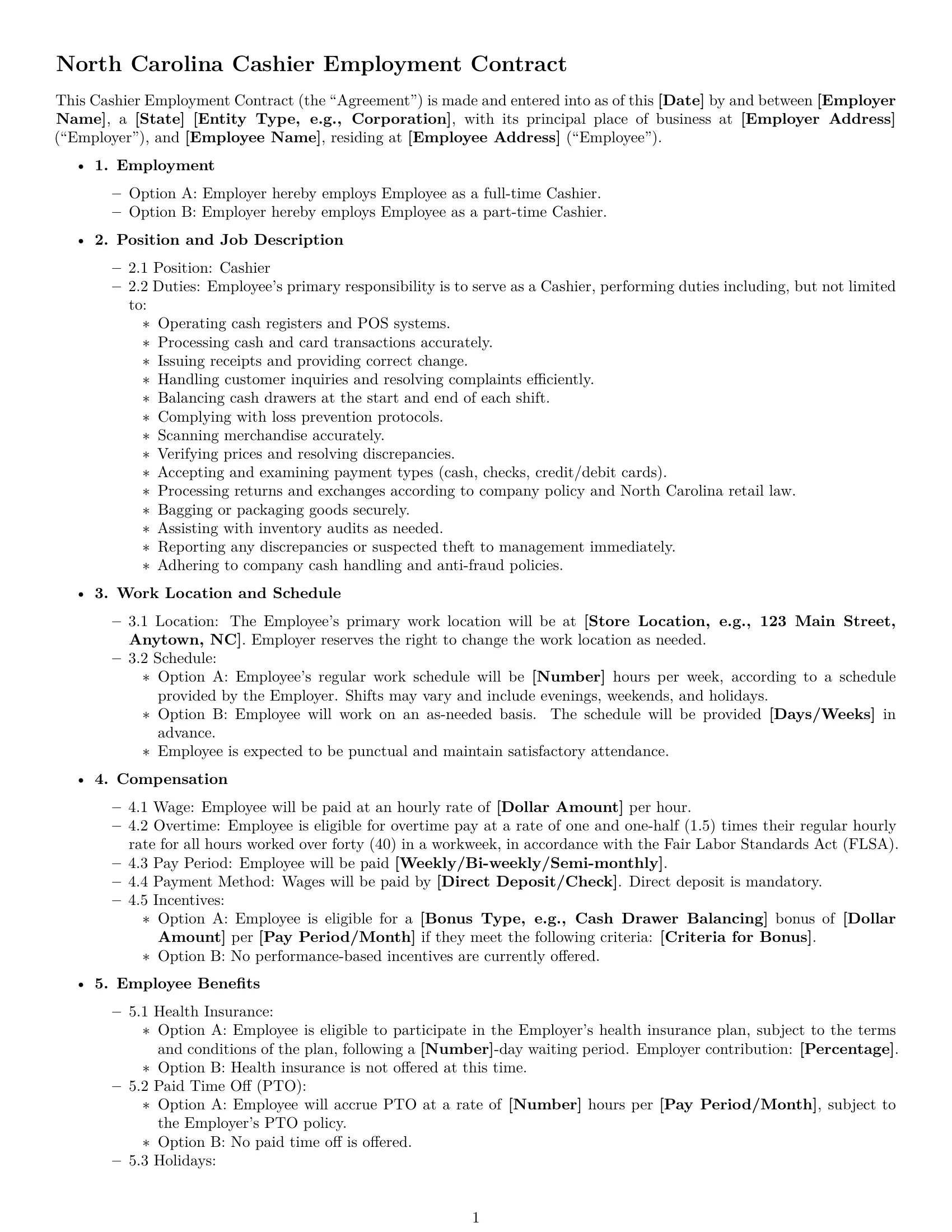 Preview page 1 of Free North Carolina cashier employment contract template