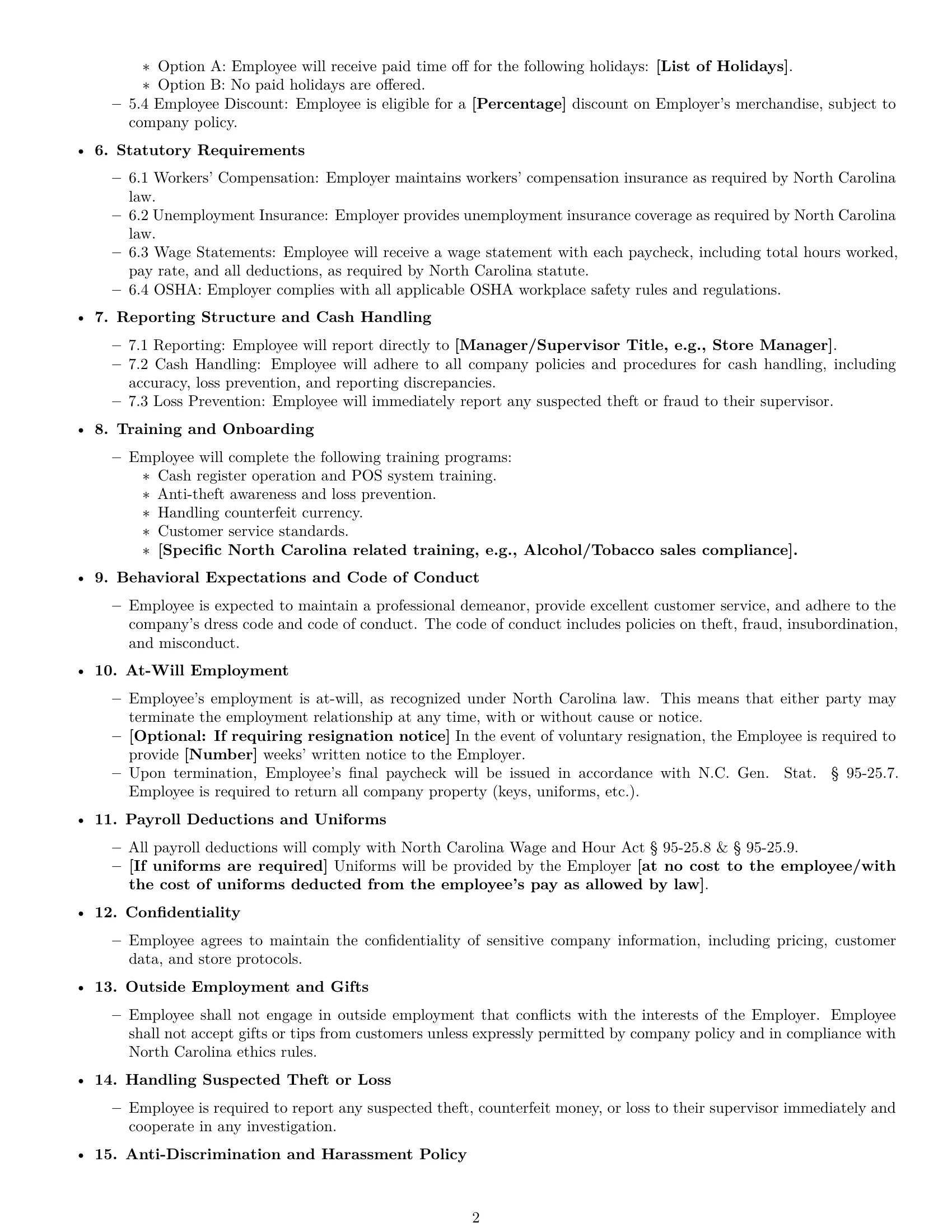 Preview page 2 of Free North Carolina cashier employment contract template