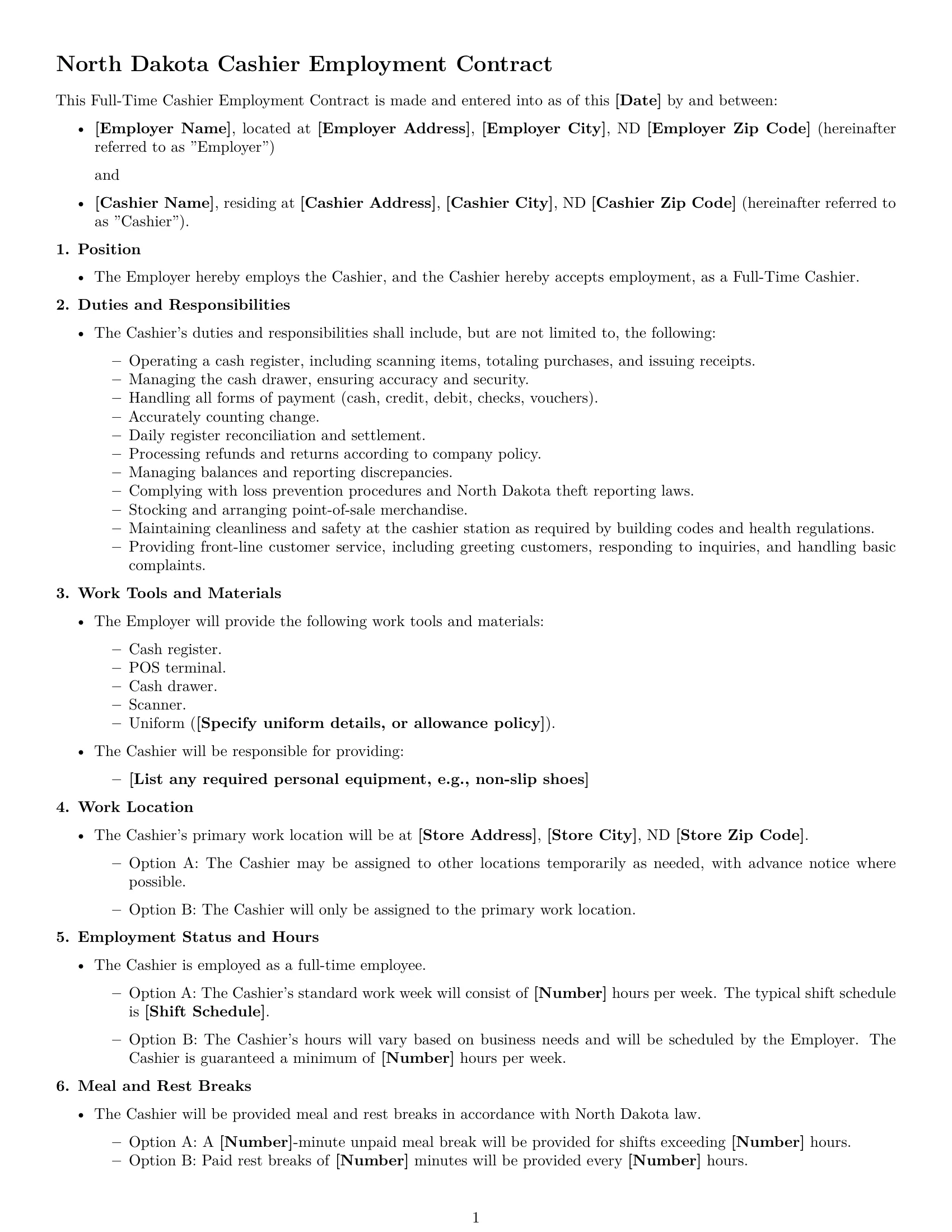 Preview page 1 of Free North Dakota cashier employment contract template