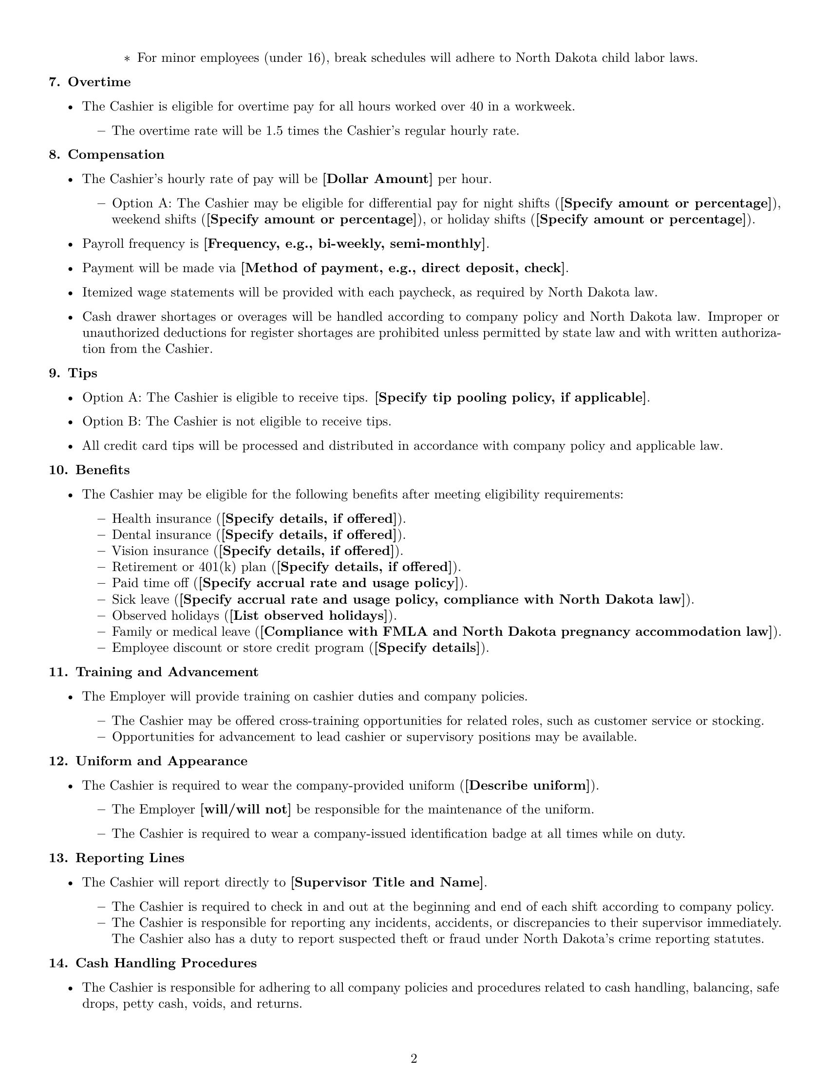 Preview page 2 of Free North Dakota cashier employment contract template