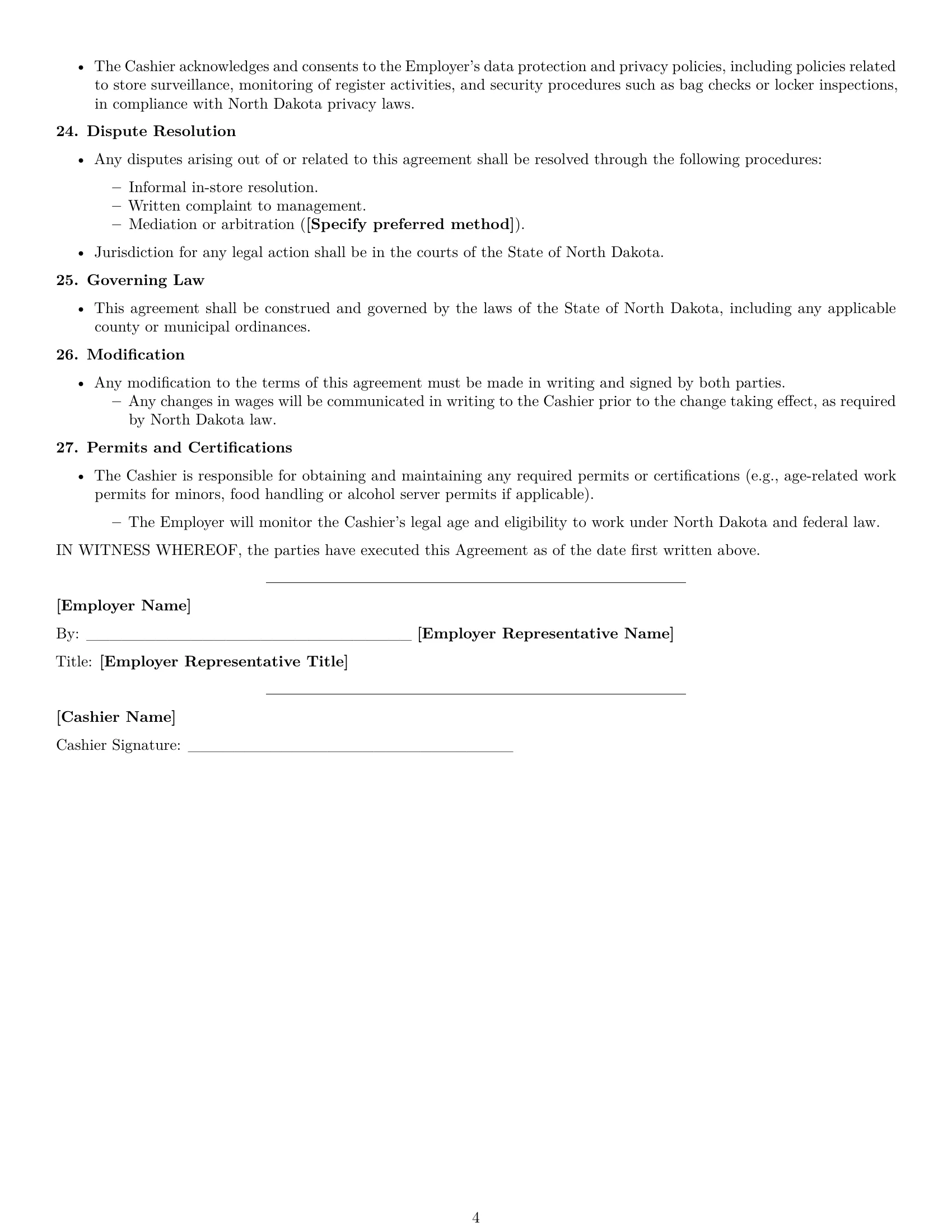 Preview page 4 of Free North Dakota cashier employment contract template