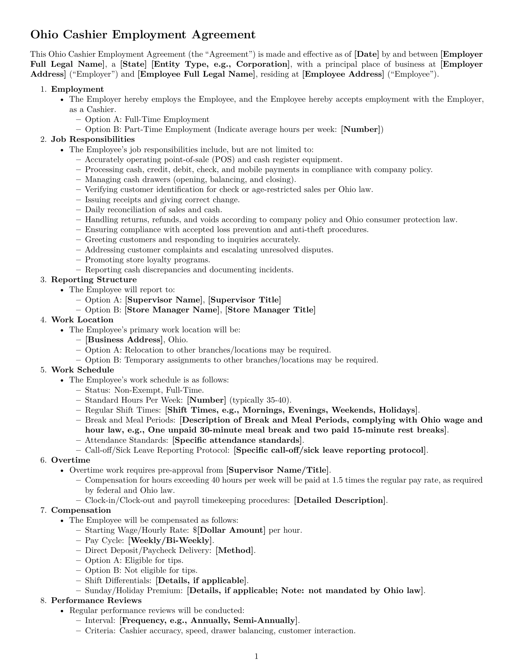 Preview page 1 of Free Ohio cashier employment contract template