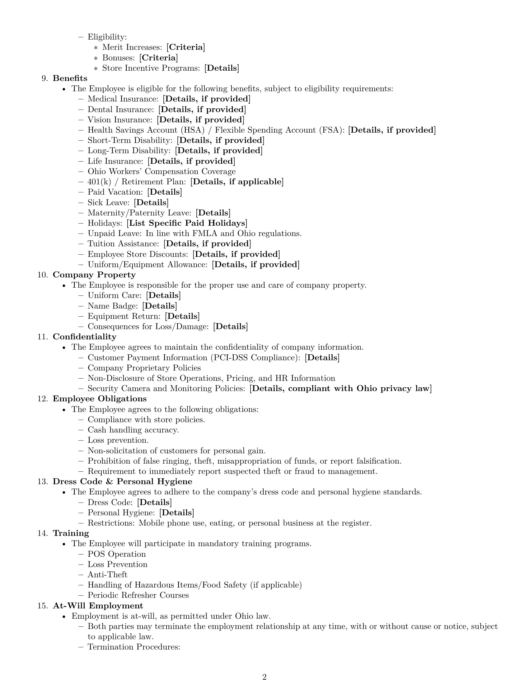 Preview page 2 of Free Ohio cashier employment contract template