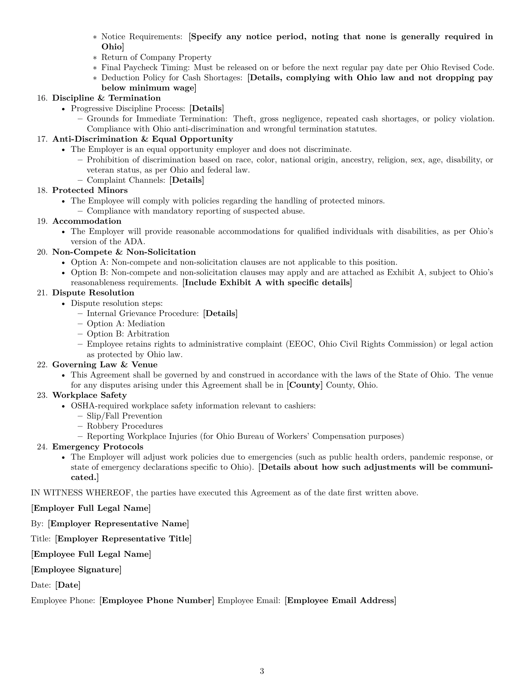 Preview page 3 of Free Ohio cashier employment contract template