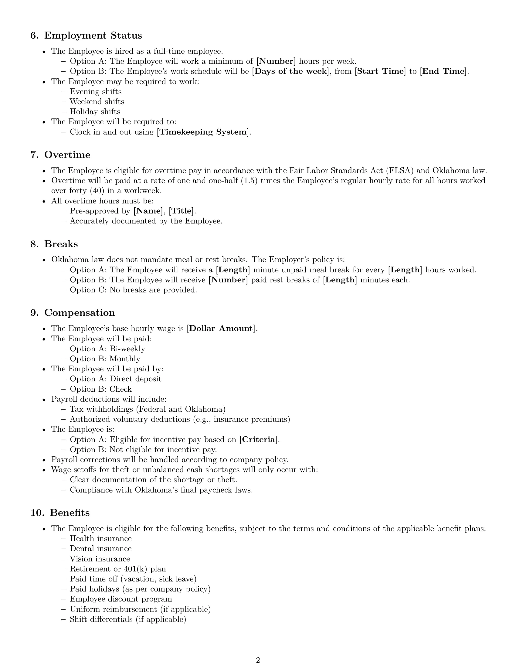 Preview page 2 of Free Oklahoma cashier employment contract template