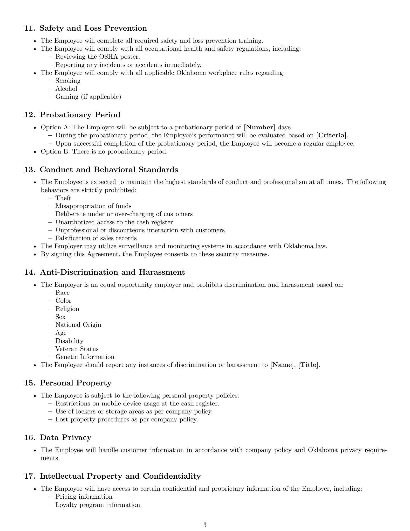 Preview page 3 of Free Oklahoma cashier employment contract template