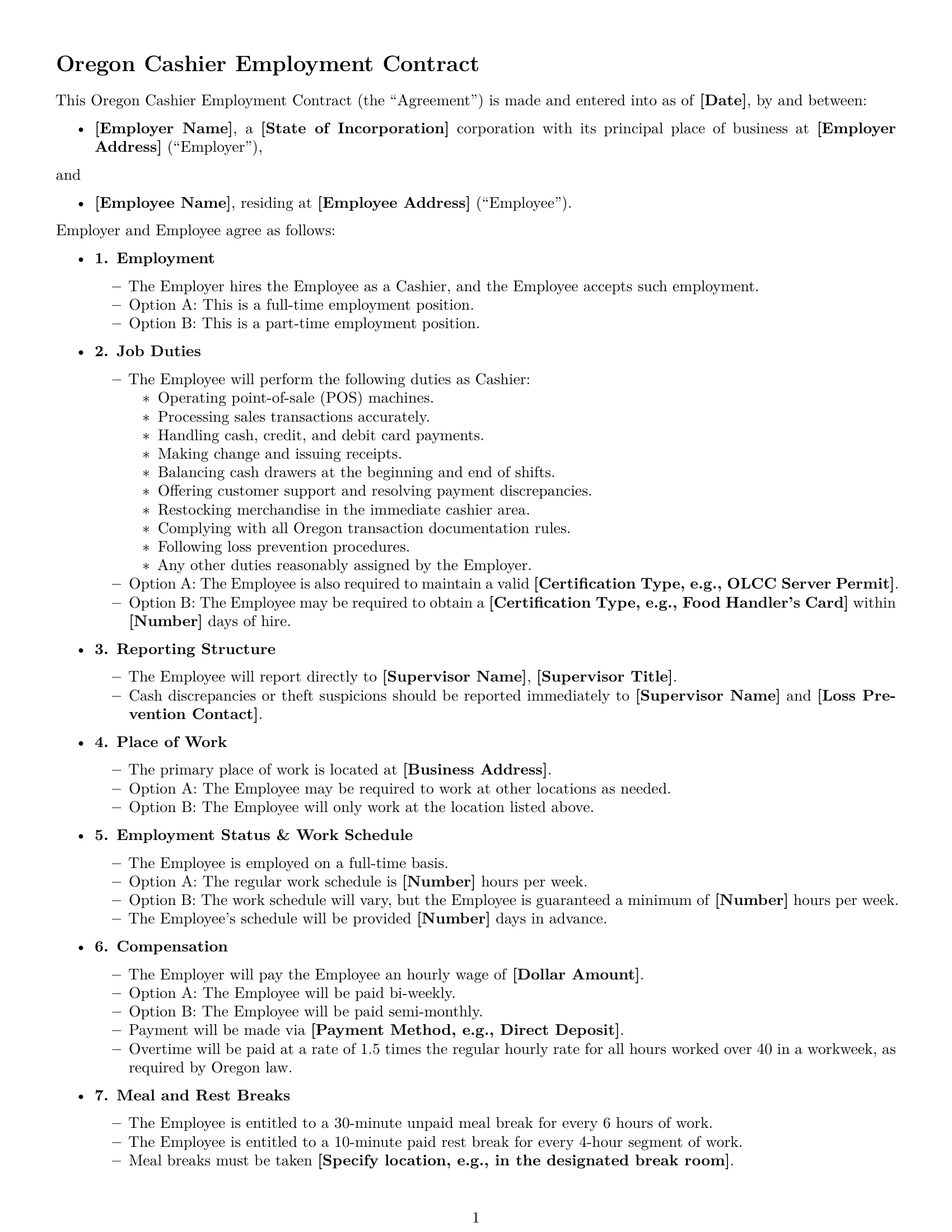 Preview page 1 of Free Oregon cashier employment contract template