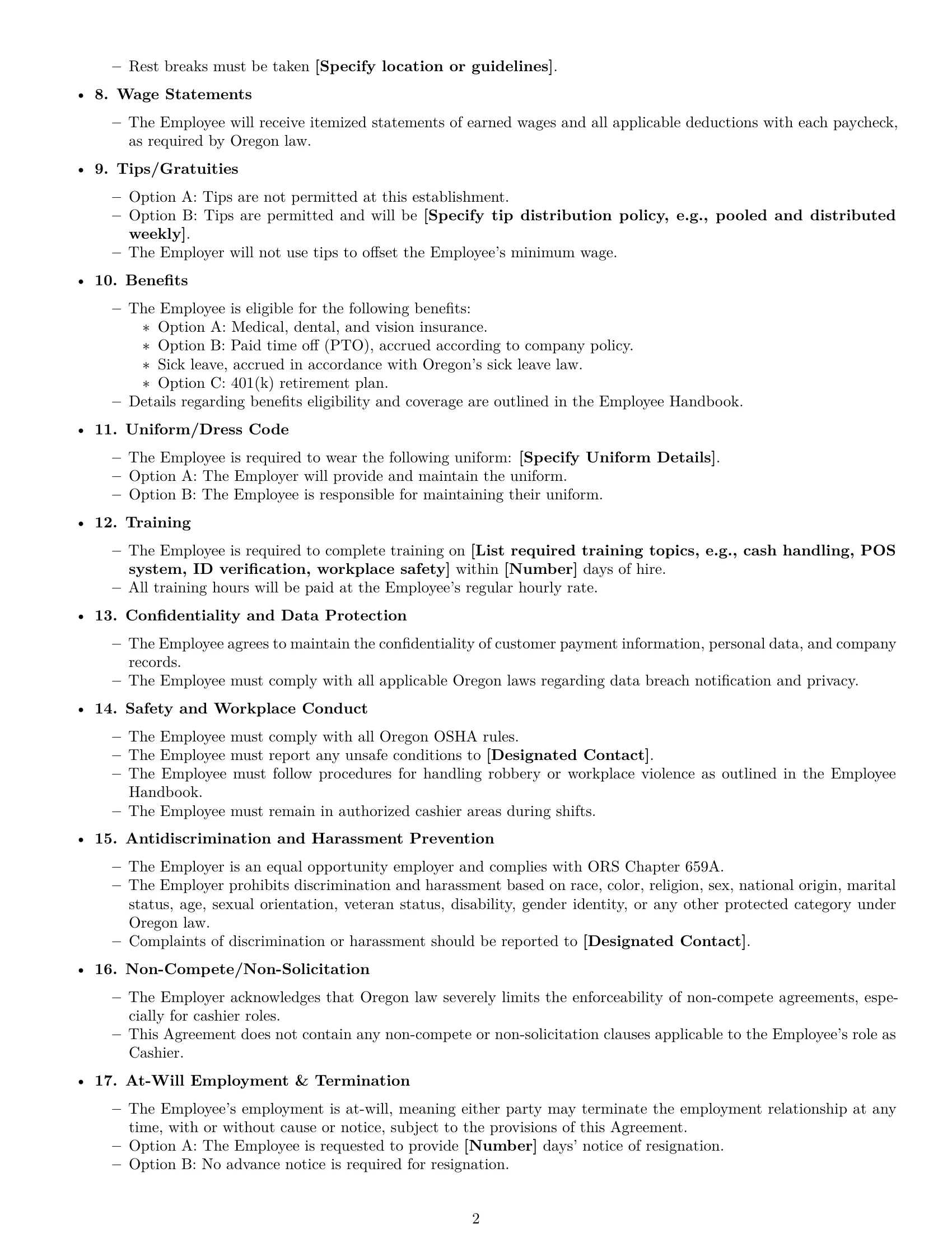 Preview page 2 of Free Oregon cashier employment contract template