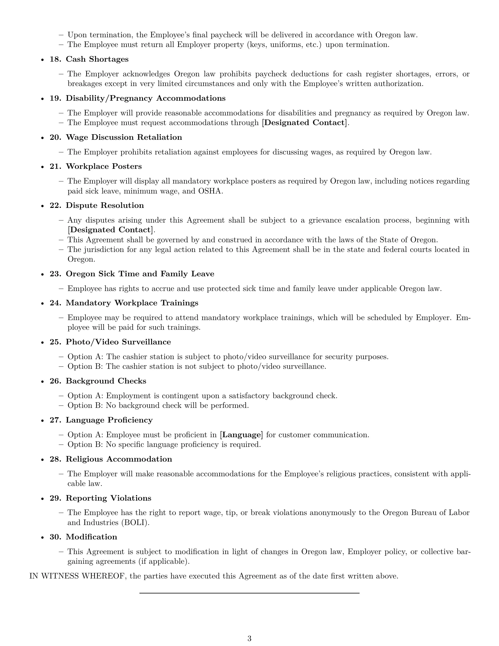 Preview page 3 of Free Oregon cashier employment contract template