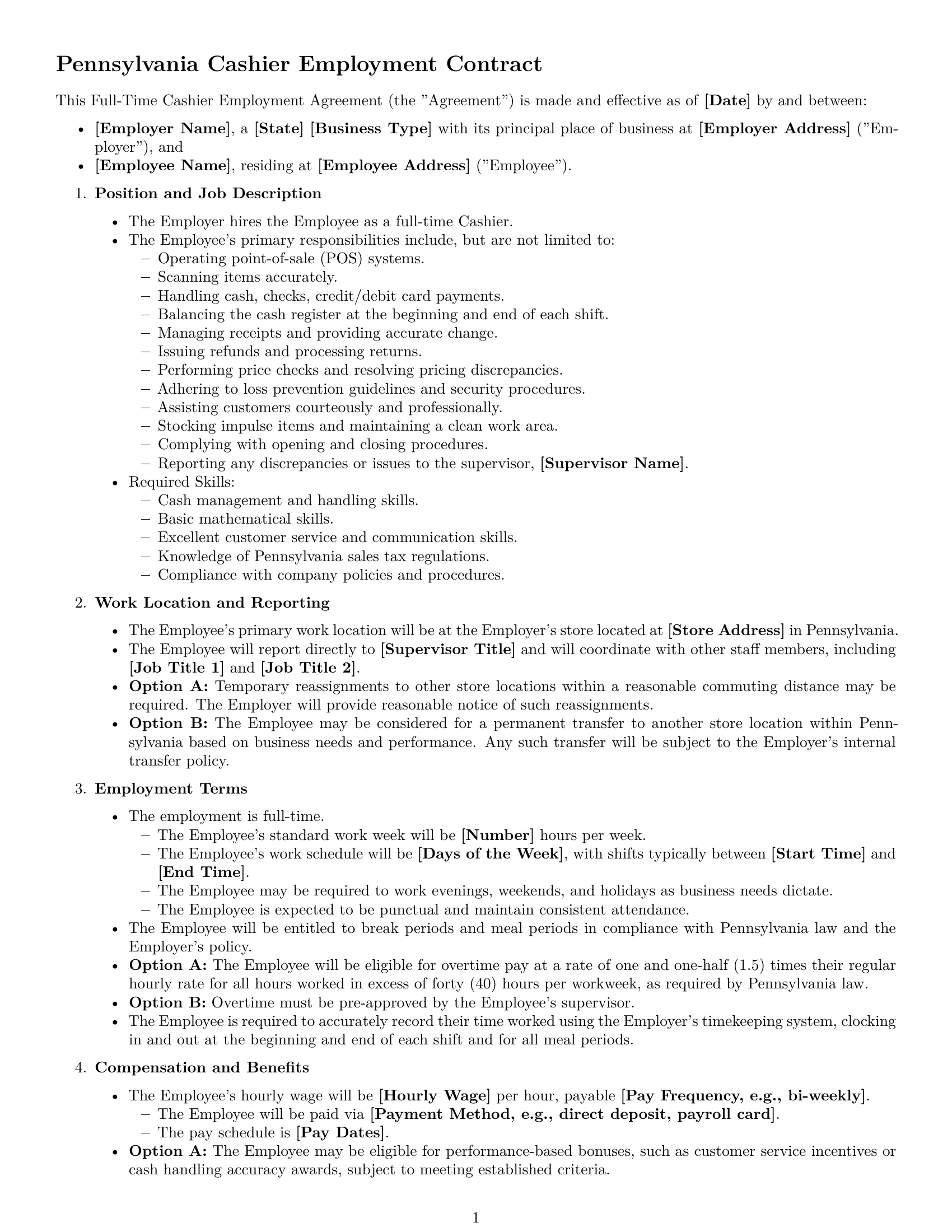 Preview page 1 of Free Pennsylvania cashier employment contract template