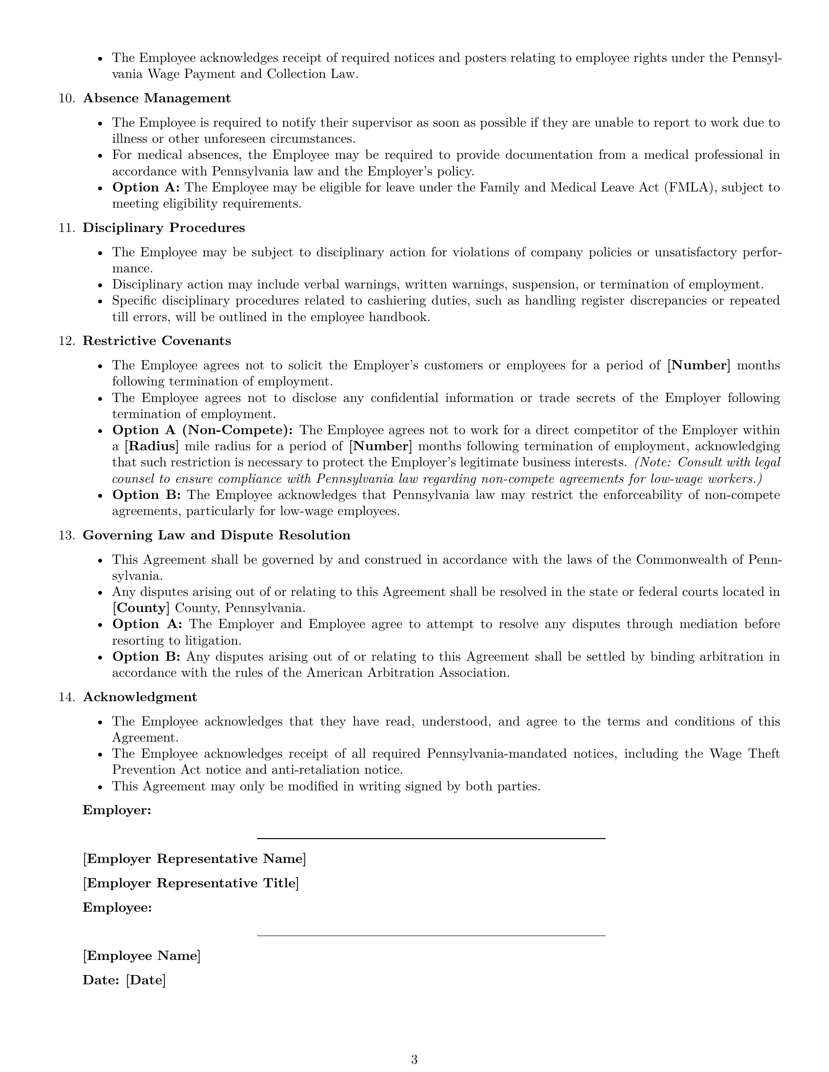 Preview page 3 of Free Pennsylvania cashier employment contract template