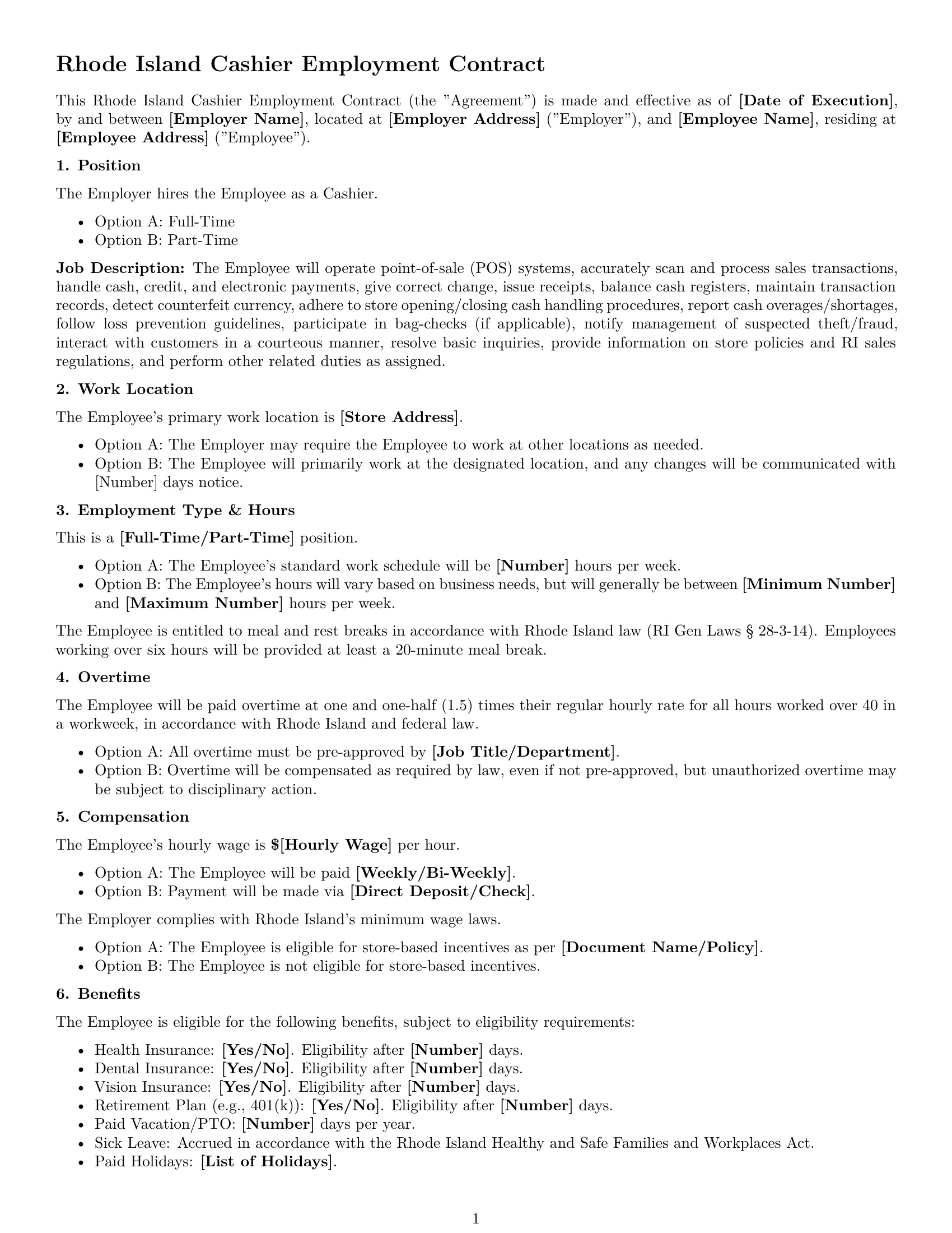 Preview page 1 of Free Rhode Island cashier employment contract template