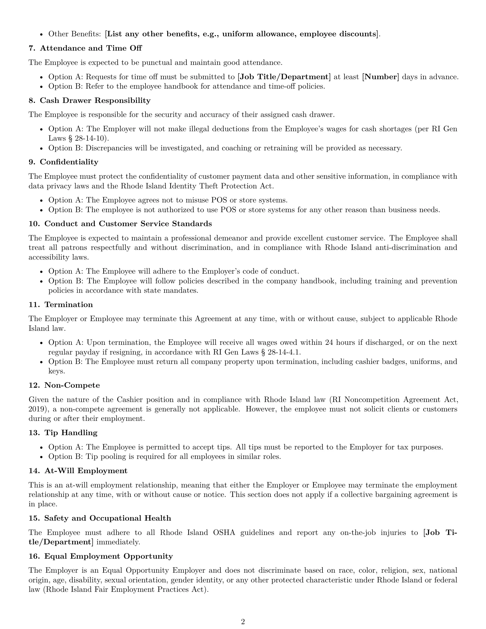 Preview page 2 of Free Rhode Island cashier employment contract template