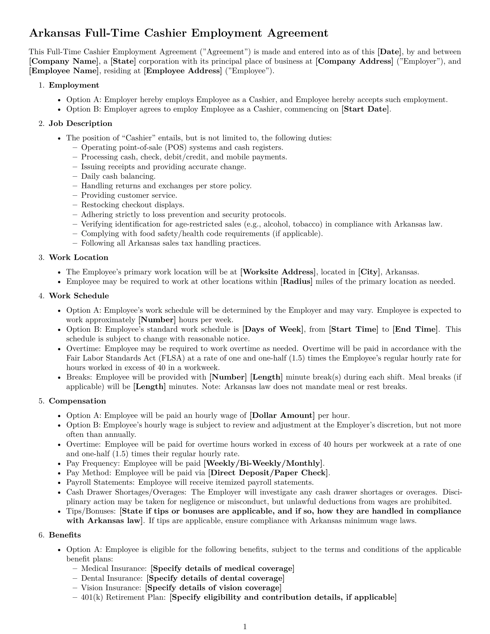 Preview page 1 of Free Arkansas cashier employment contract template