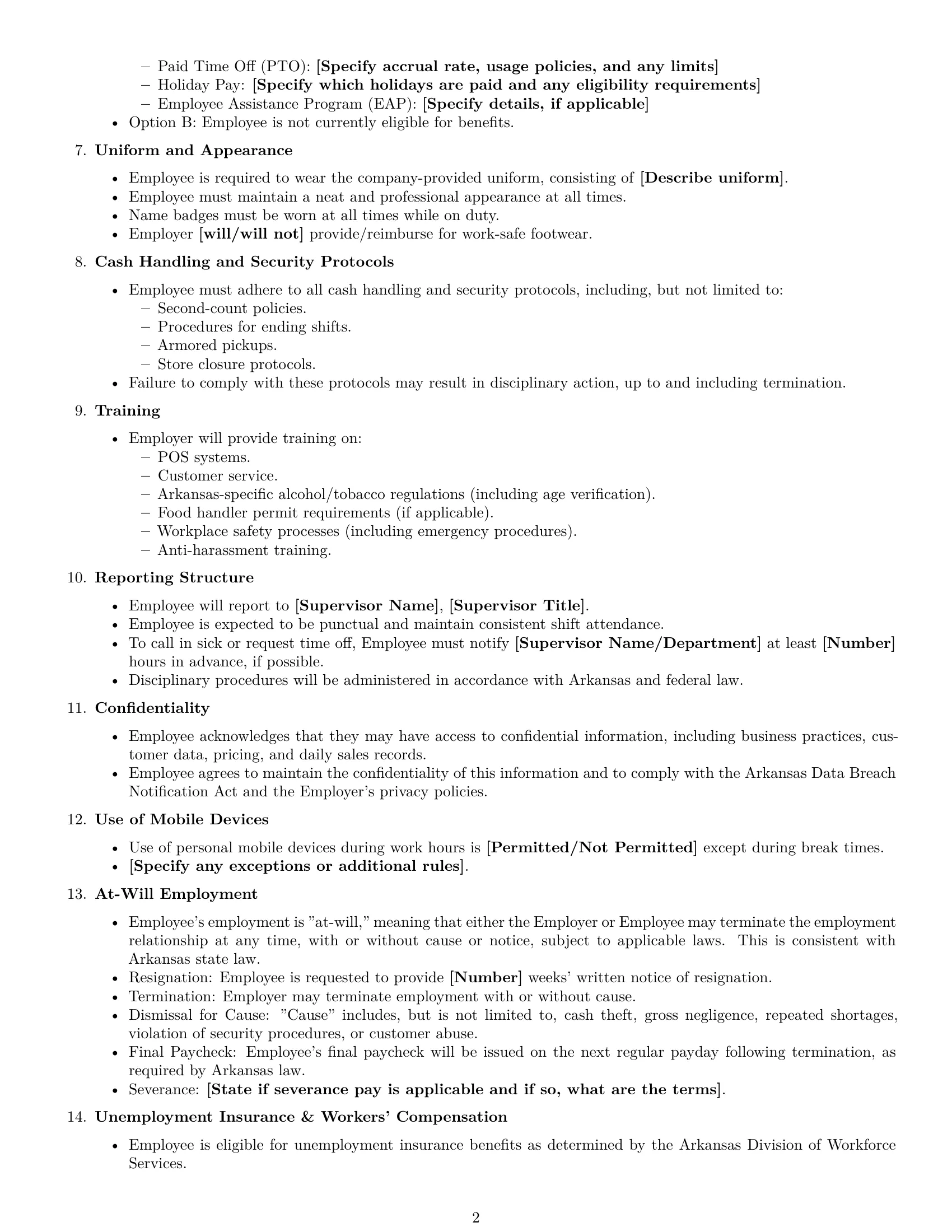 Preview page 2 of Free Arkansas cashier employment contract template