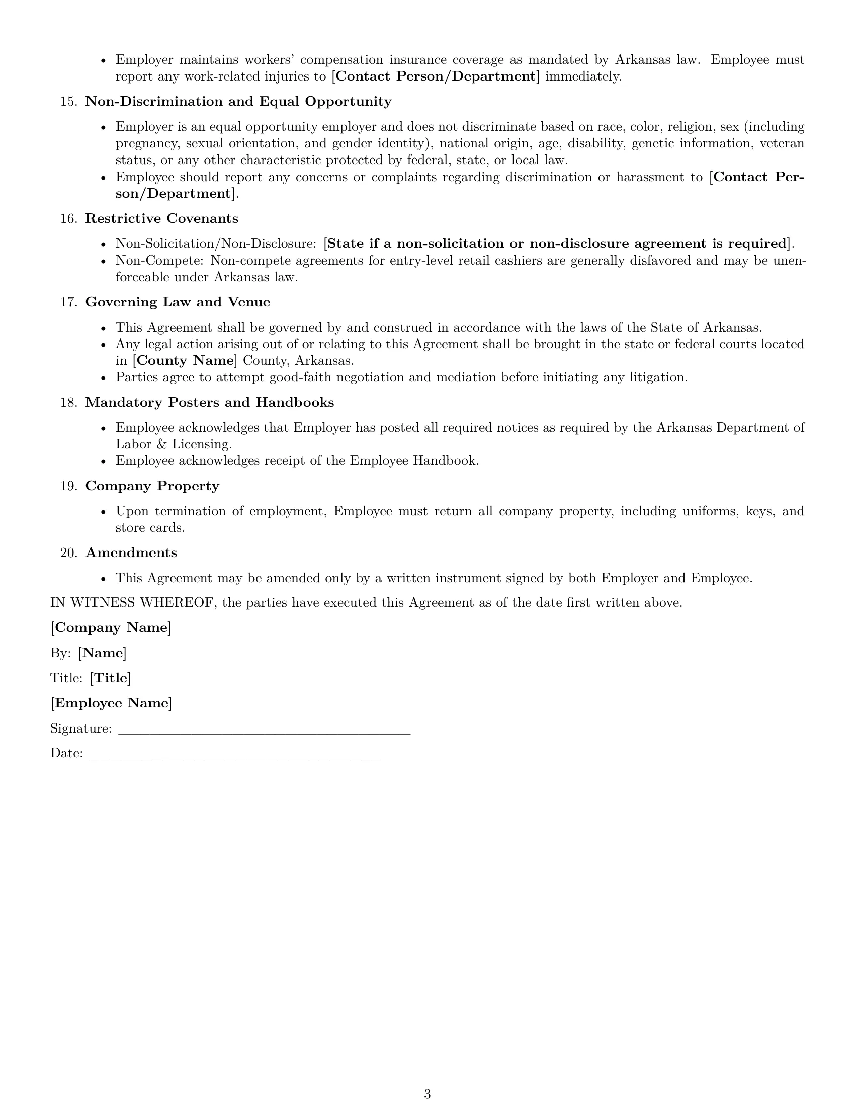 Preview page 3 of Free Arkansas cashier employment contract template
