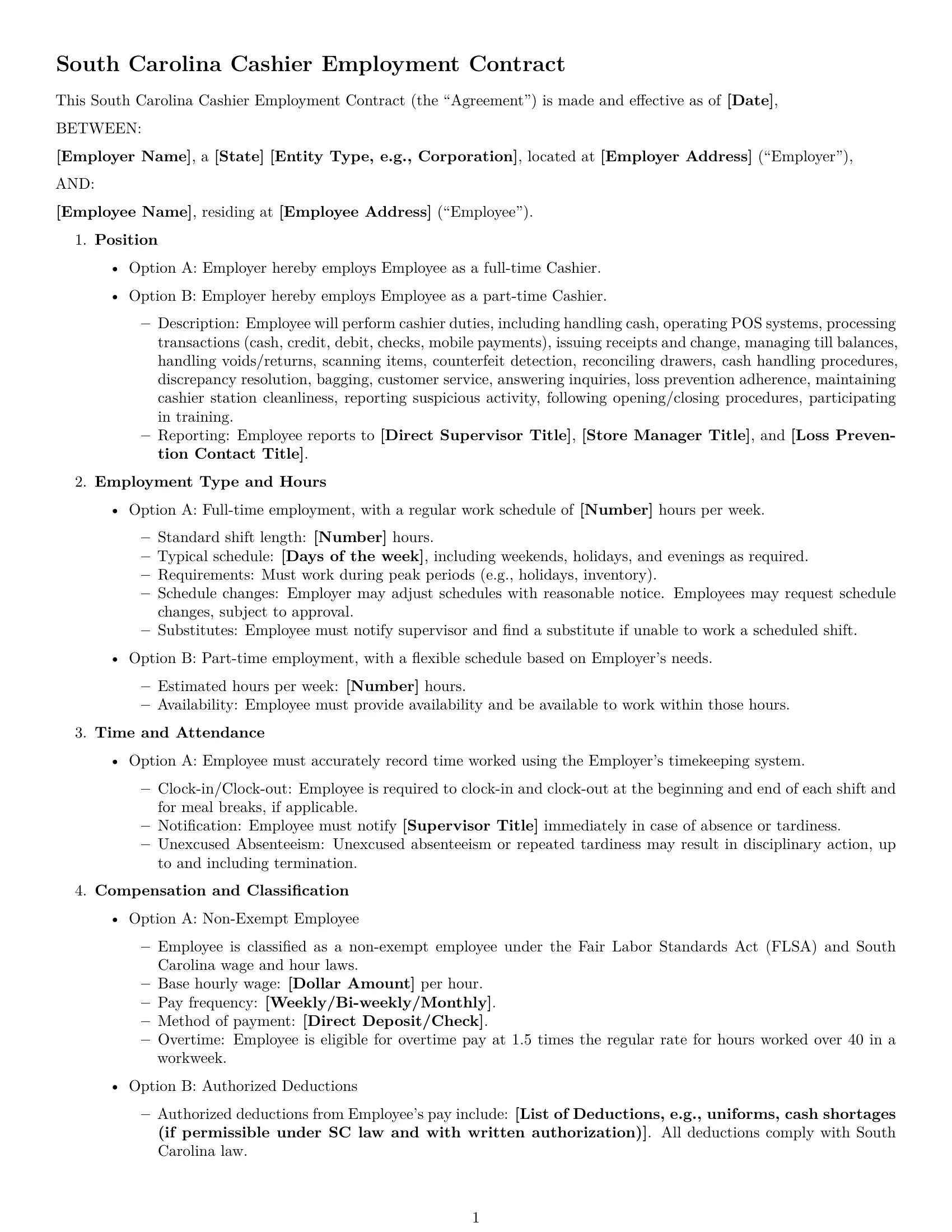 Preview page 1 of Free South Carolina cashier employment contract template