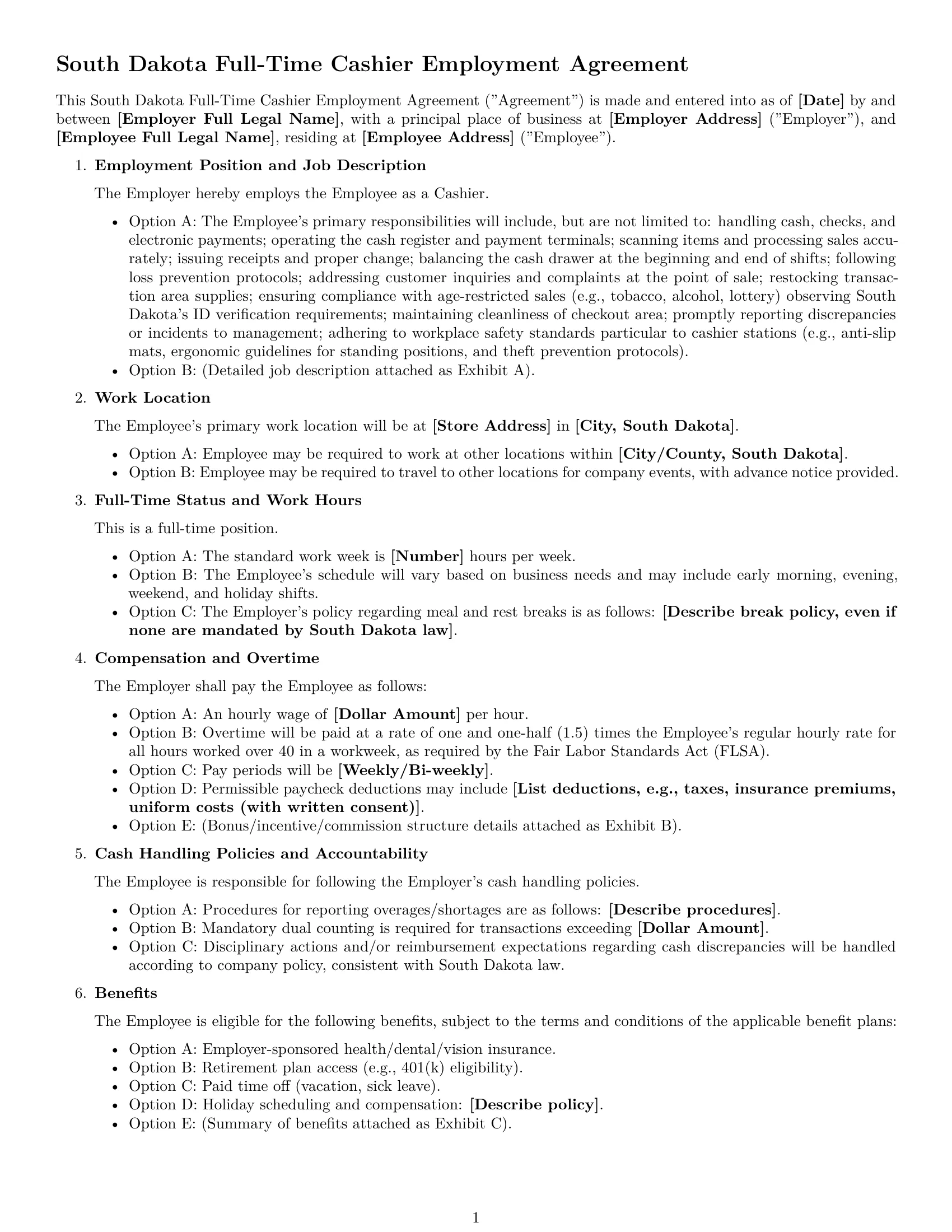 Preview page 1 of Free South Dakota cashier employment contract template