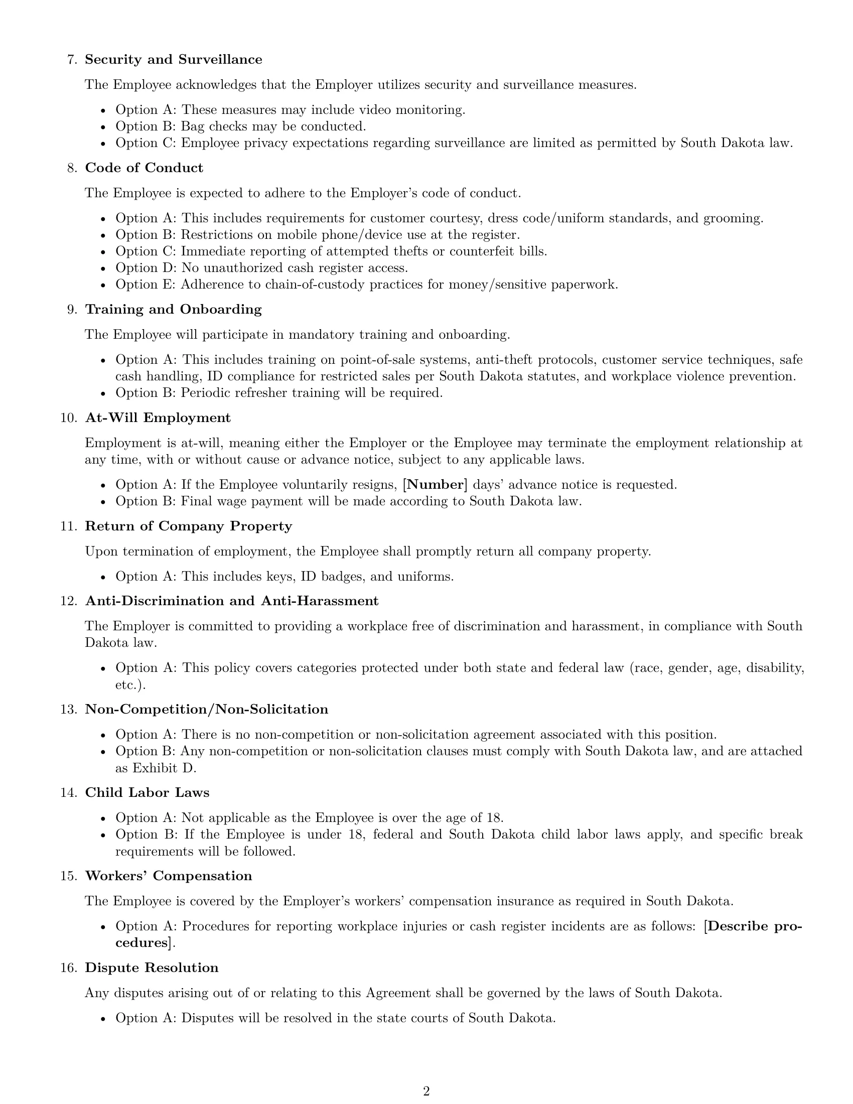 Preview page 2 of Free South Dakota cashier employment contract template