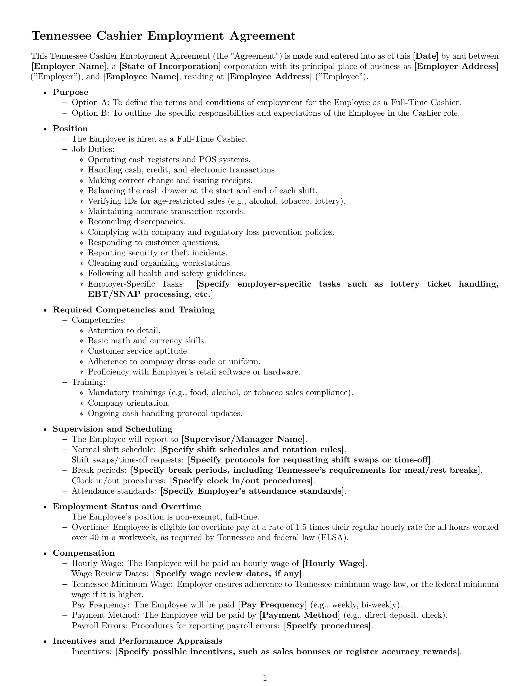 Preview page 1 of Free Tennessee cashier employment contract template