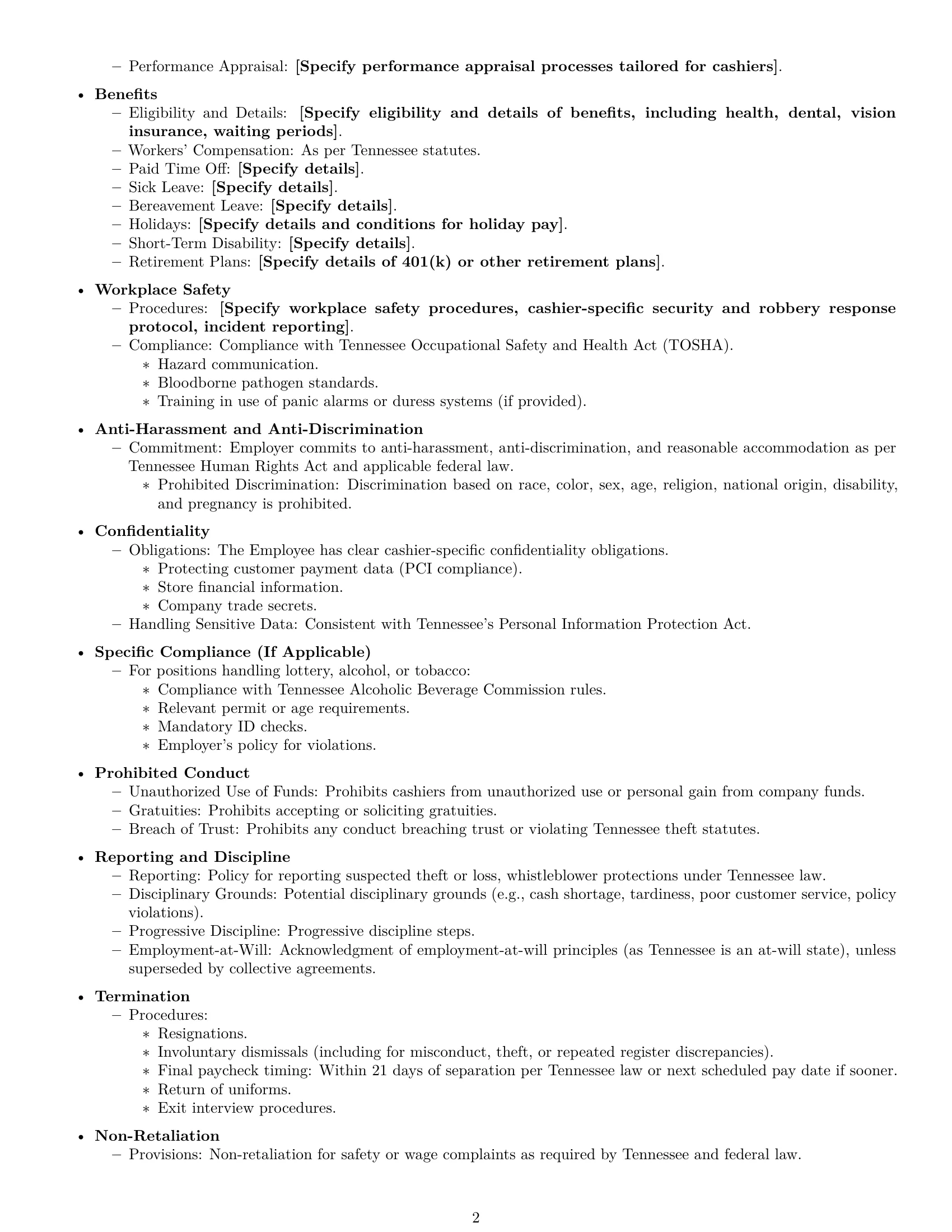 Preview page 2 of Free Tennessee cashier employment contract template