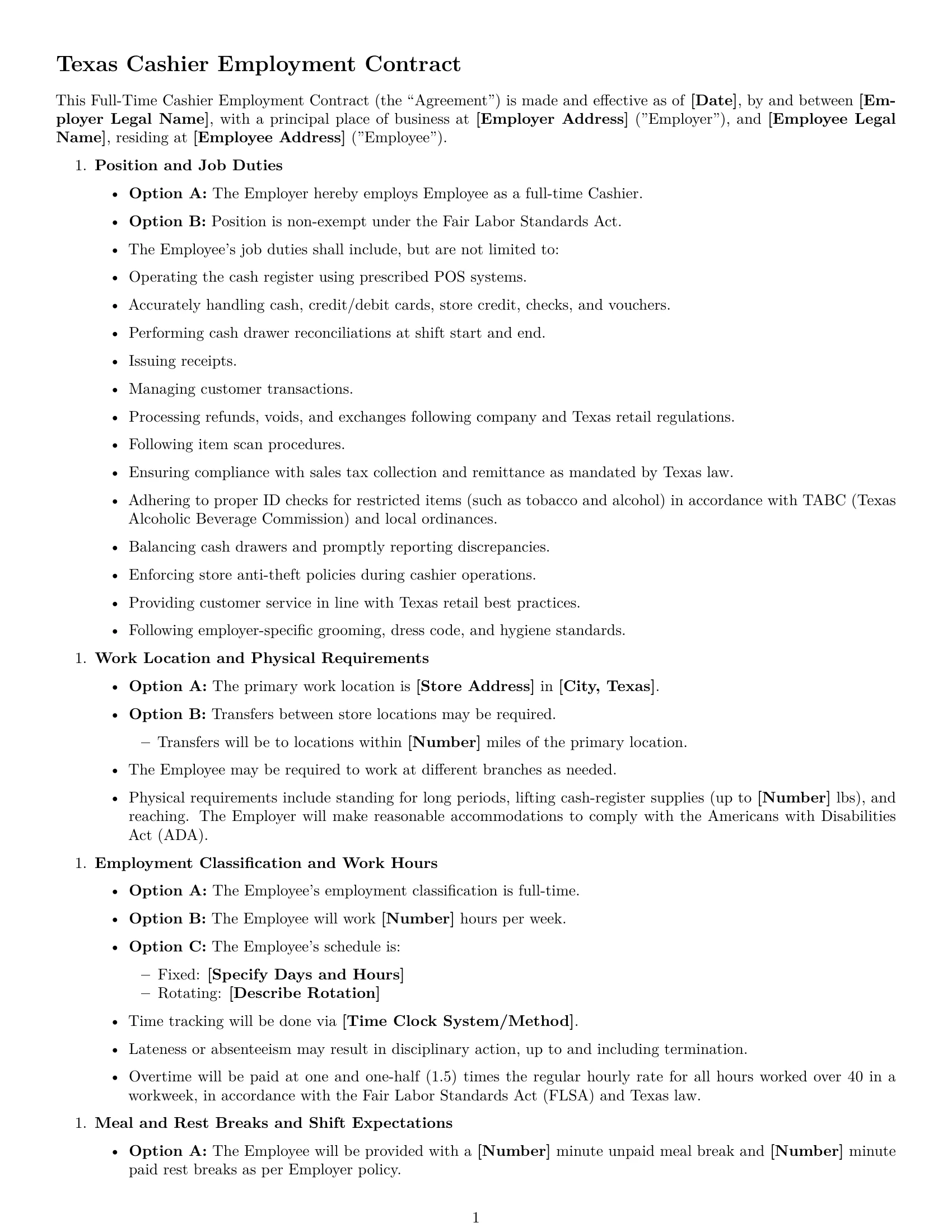 Preview page 1 of Free Texas cashier employment contract template