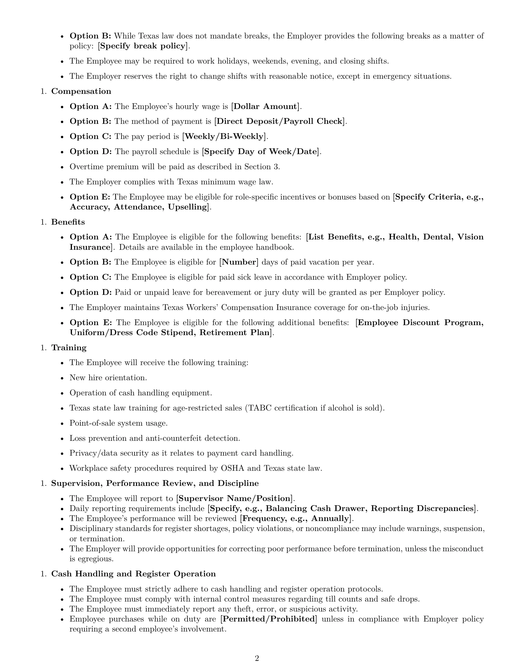 Preview page 2 of Free Texas cashier employment contract template