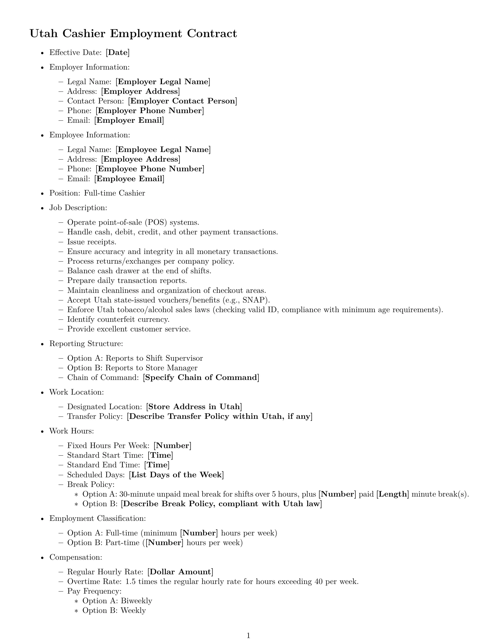 Preview page 1 of Free Utah cashier employment contract template
