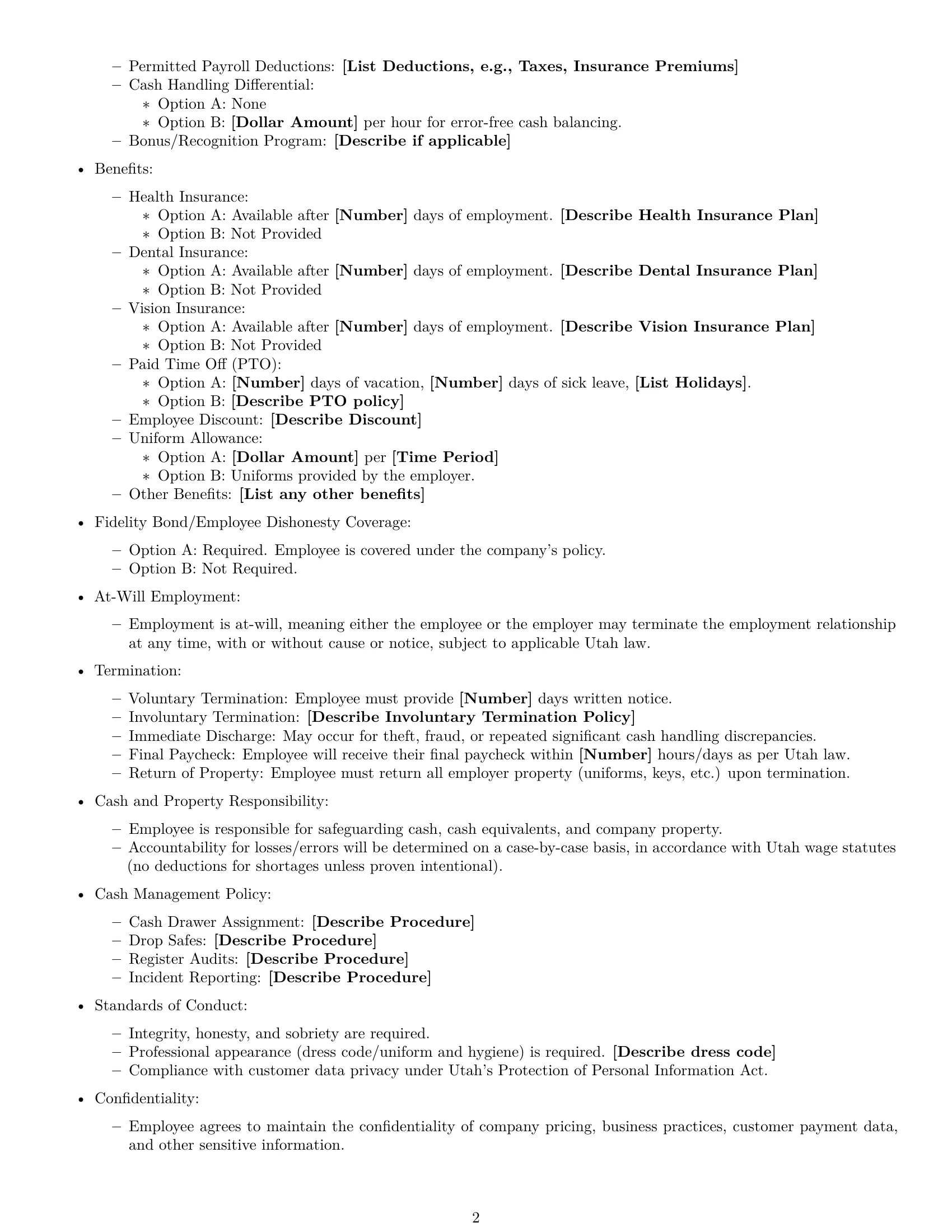 Preview page 2 of Free Utah cashier employment contract template