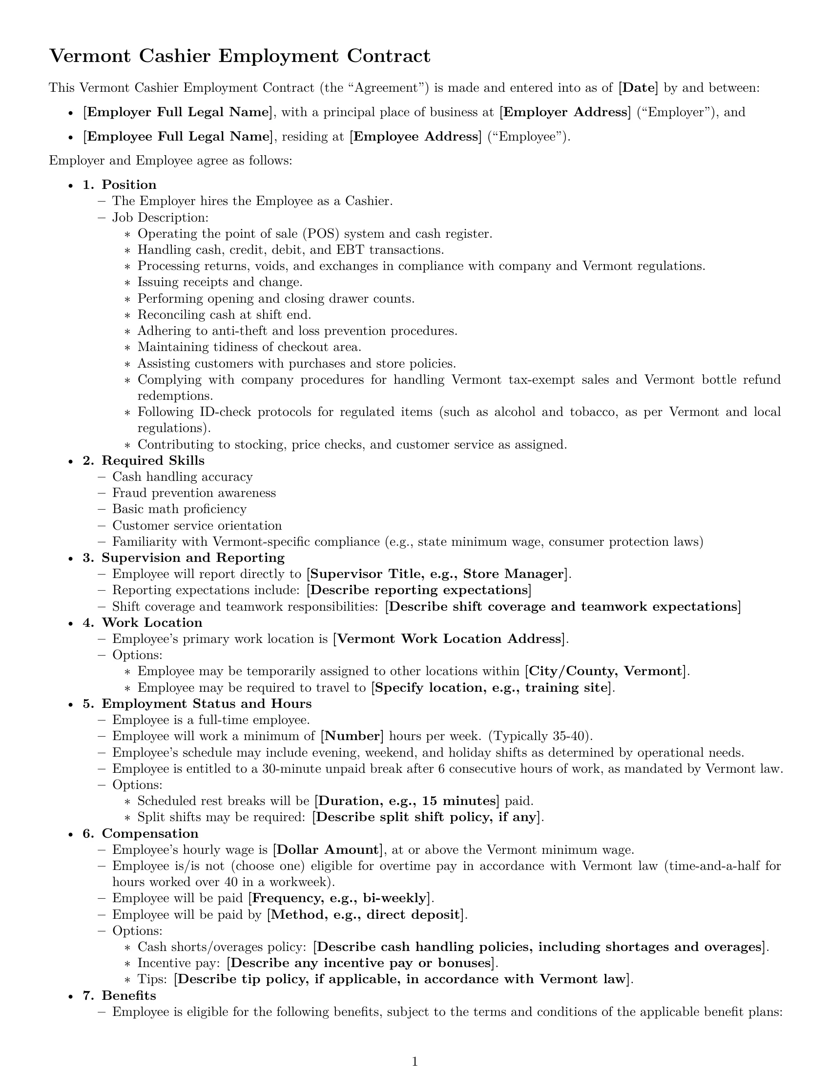 Preview page 1 of Free Vermont cashier employment contract template