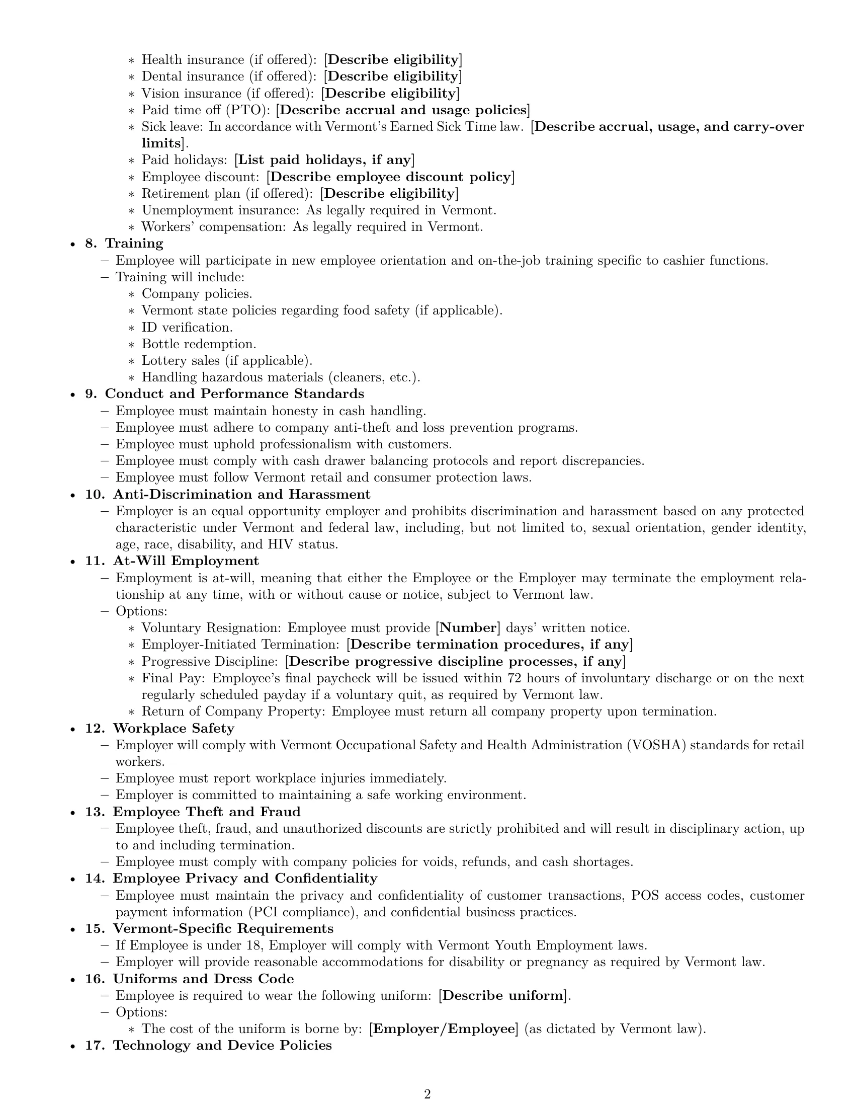 Preview page 2 of Free Vermont cashier employment contract template