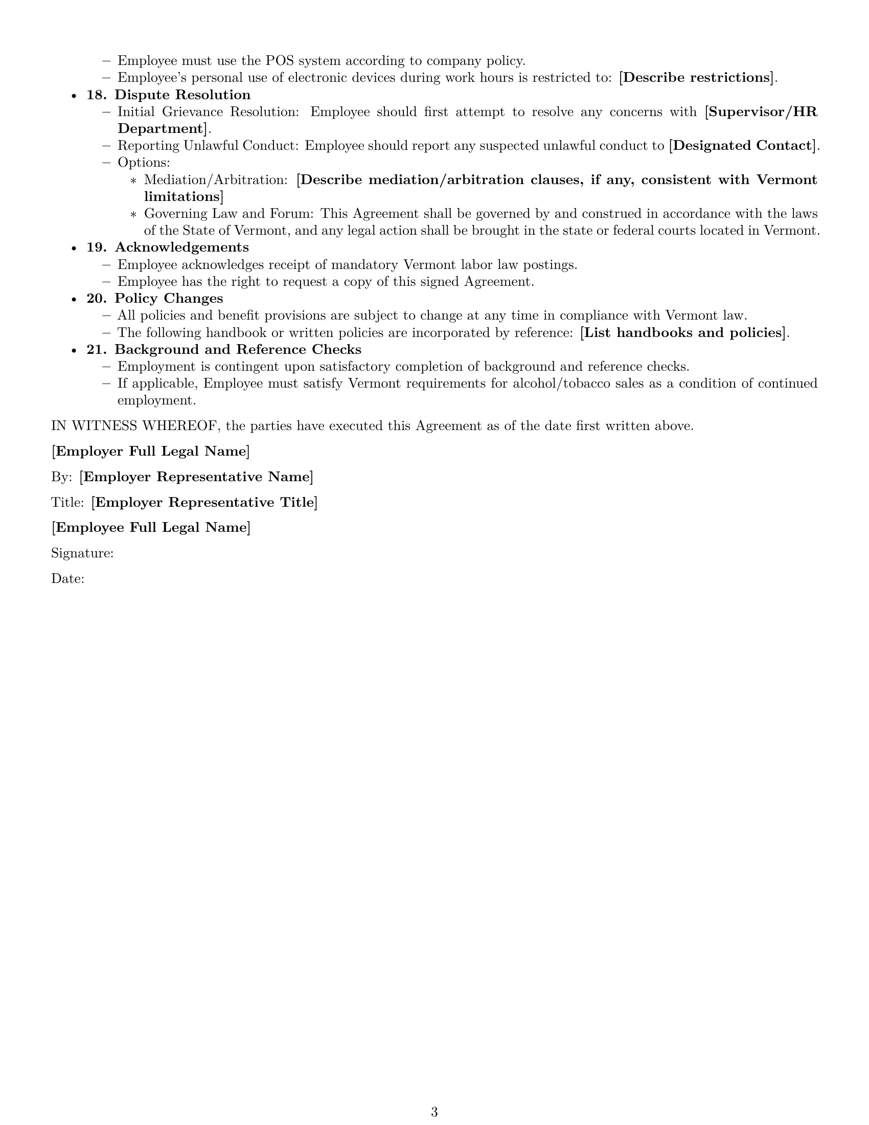Preview page 3 of Free Vermont cashier employment contract template