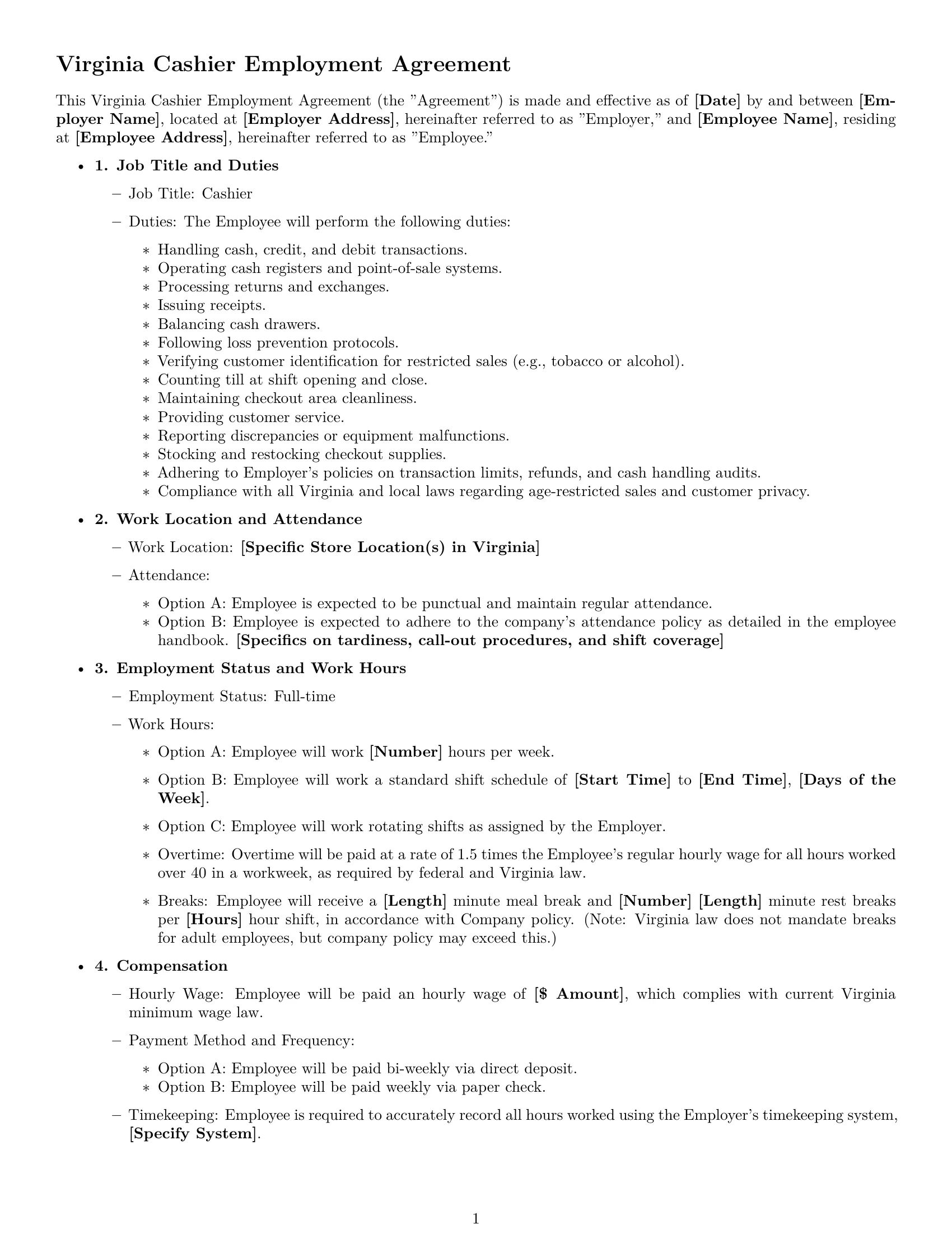 Preview page 1 of Free Virginia cashier employment contract template