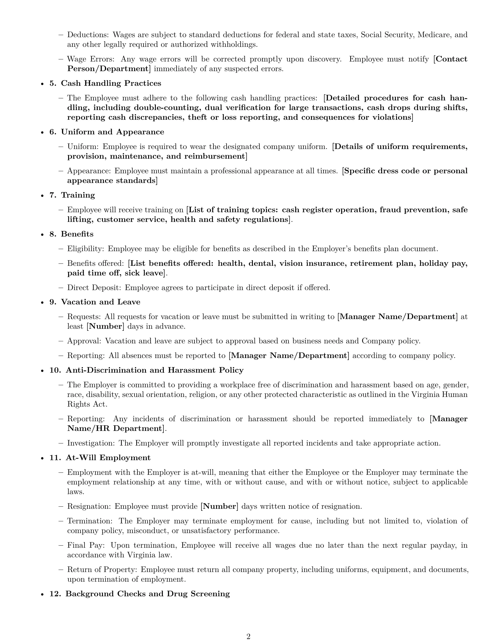 Preview page 2 of Free Virginia cashier employment contract template