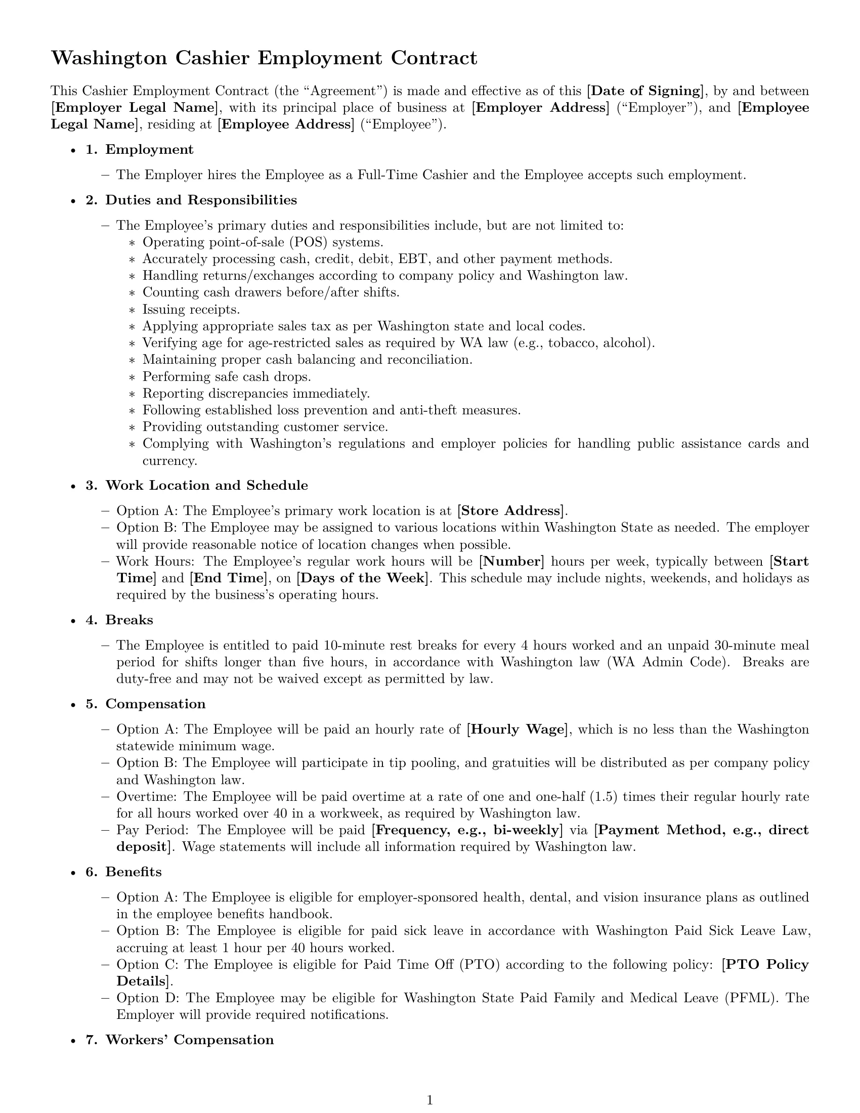 Preview page 1 of Free Washington cashier employment contract template