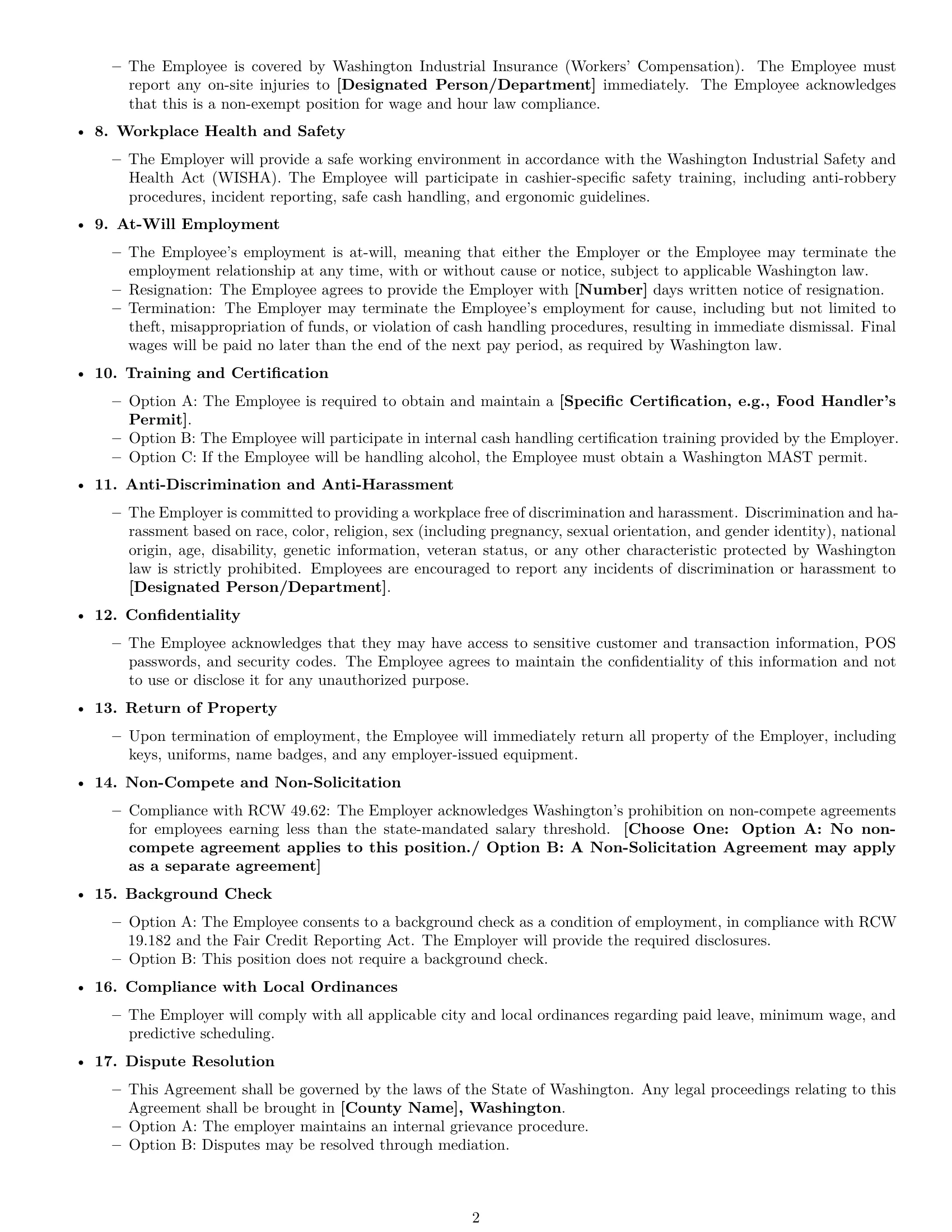 Preview page 2 of Free Washington cashier employment contract template