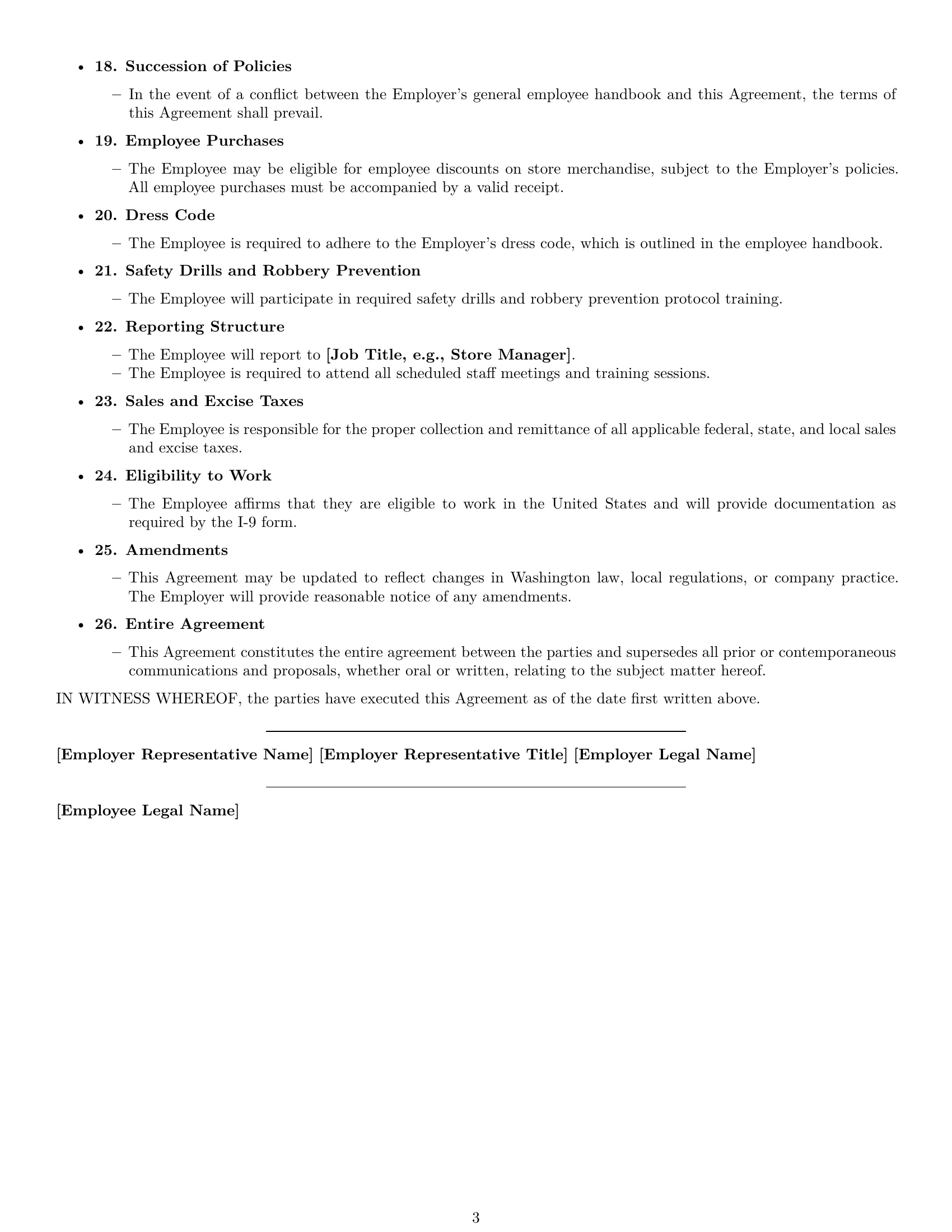 Preview page 3 of Free Washington cashier employment contract template