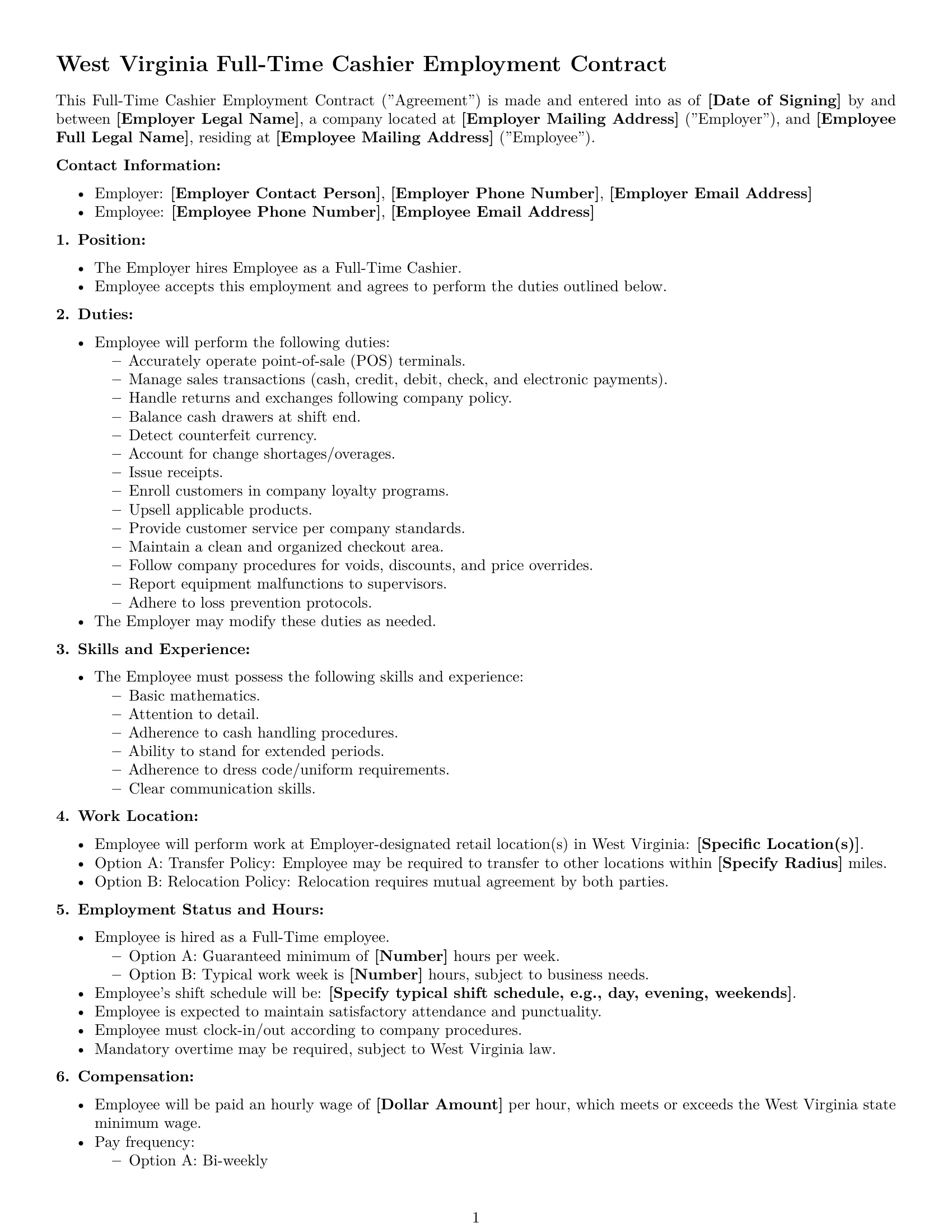 Preview page 1 of Free West Virginia cashier employment contract template