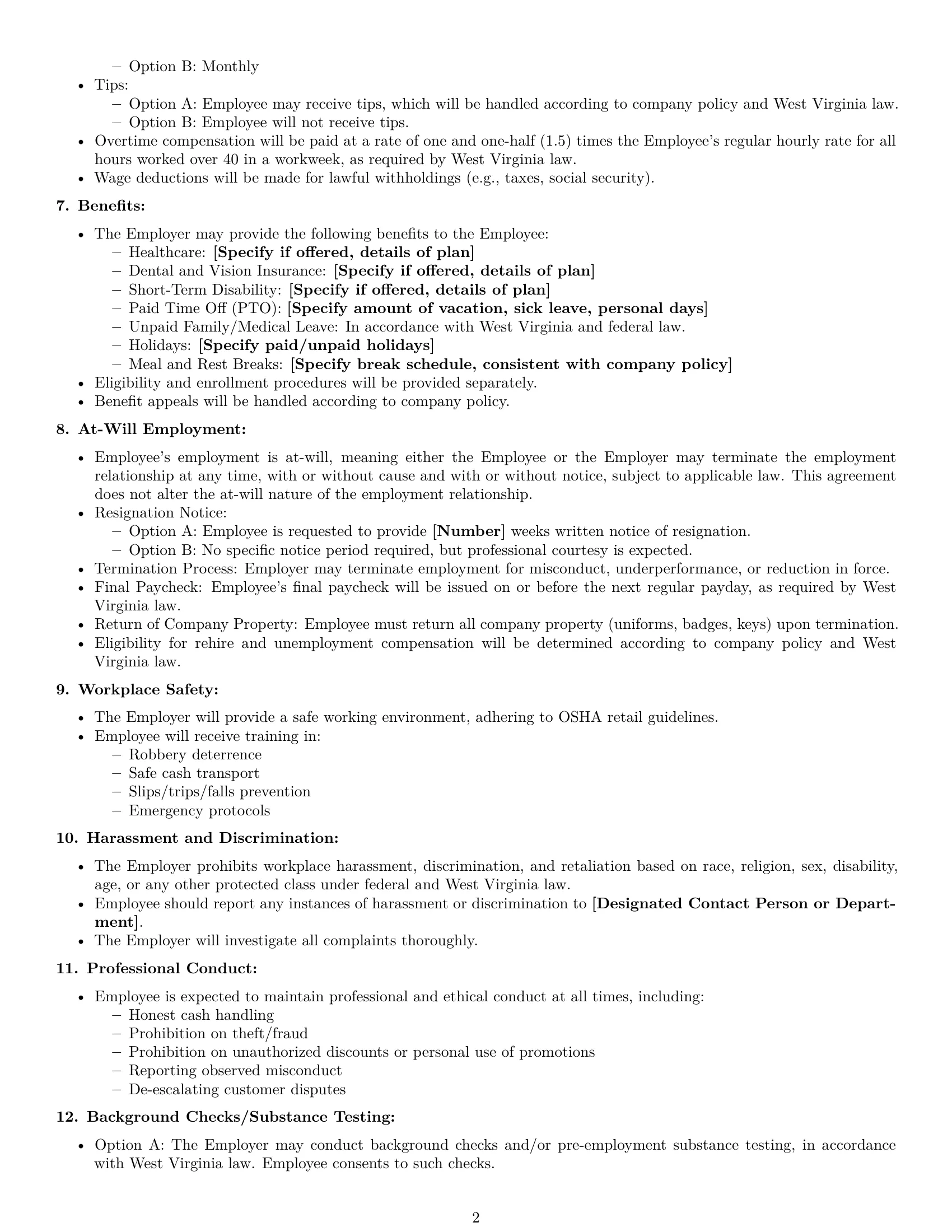 Preview page 2 of Free West Virginia cashier employment contract template