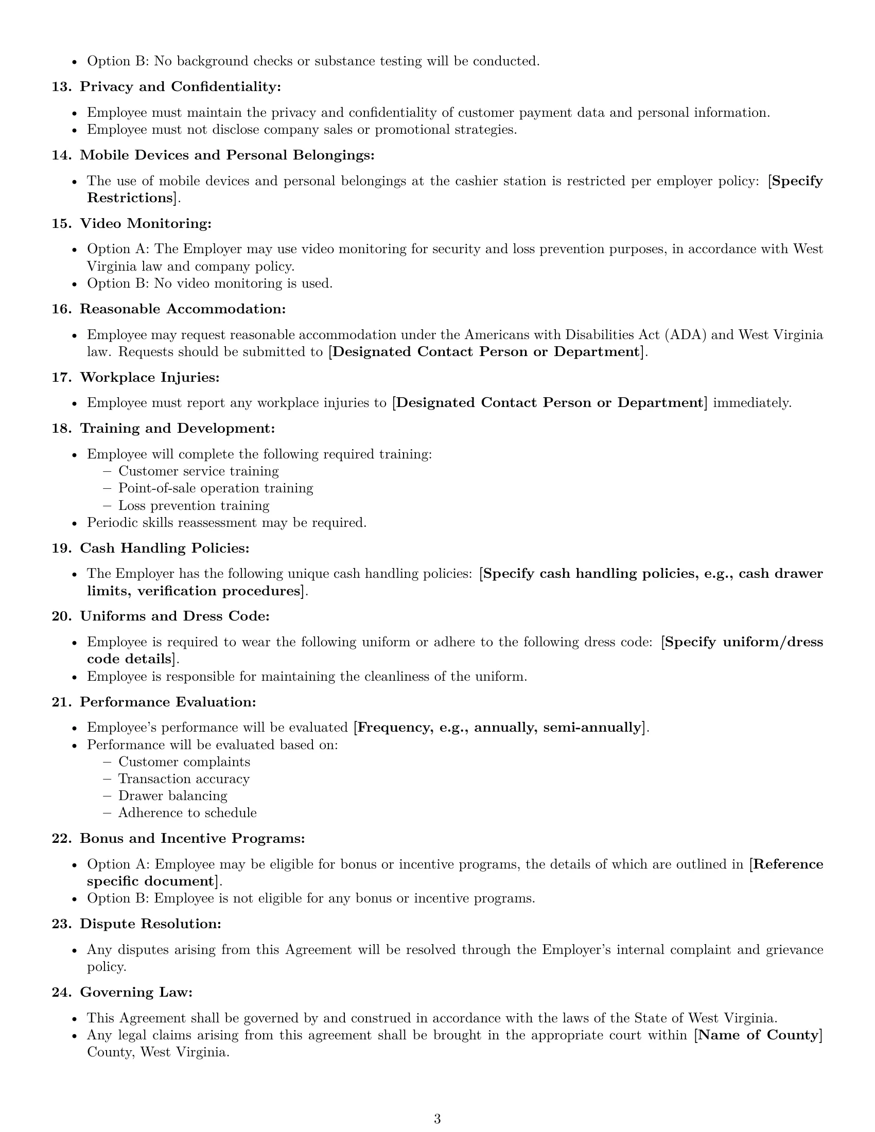 Preview page 3 of Free West Virginia cashier employment contract template