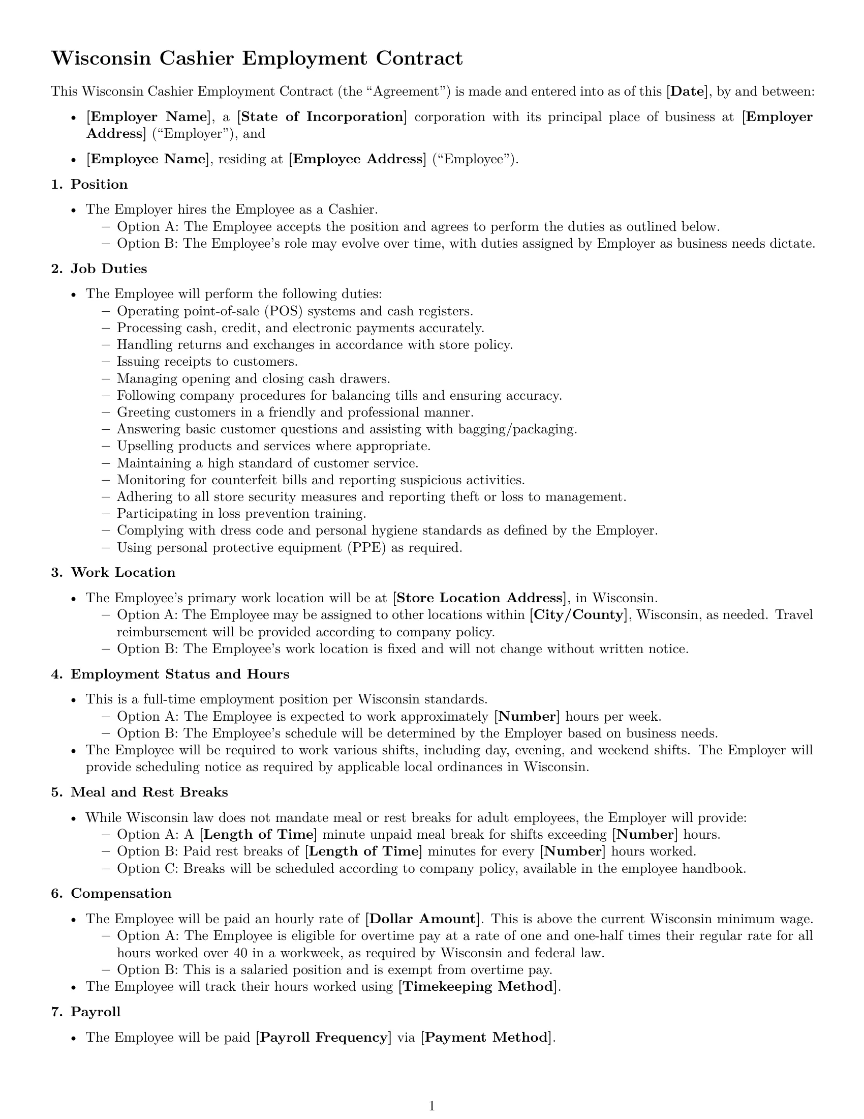 Preview page 1 of Free Wisconsin cashier employment contract template
