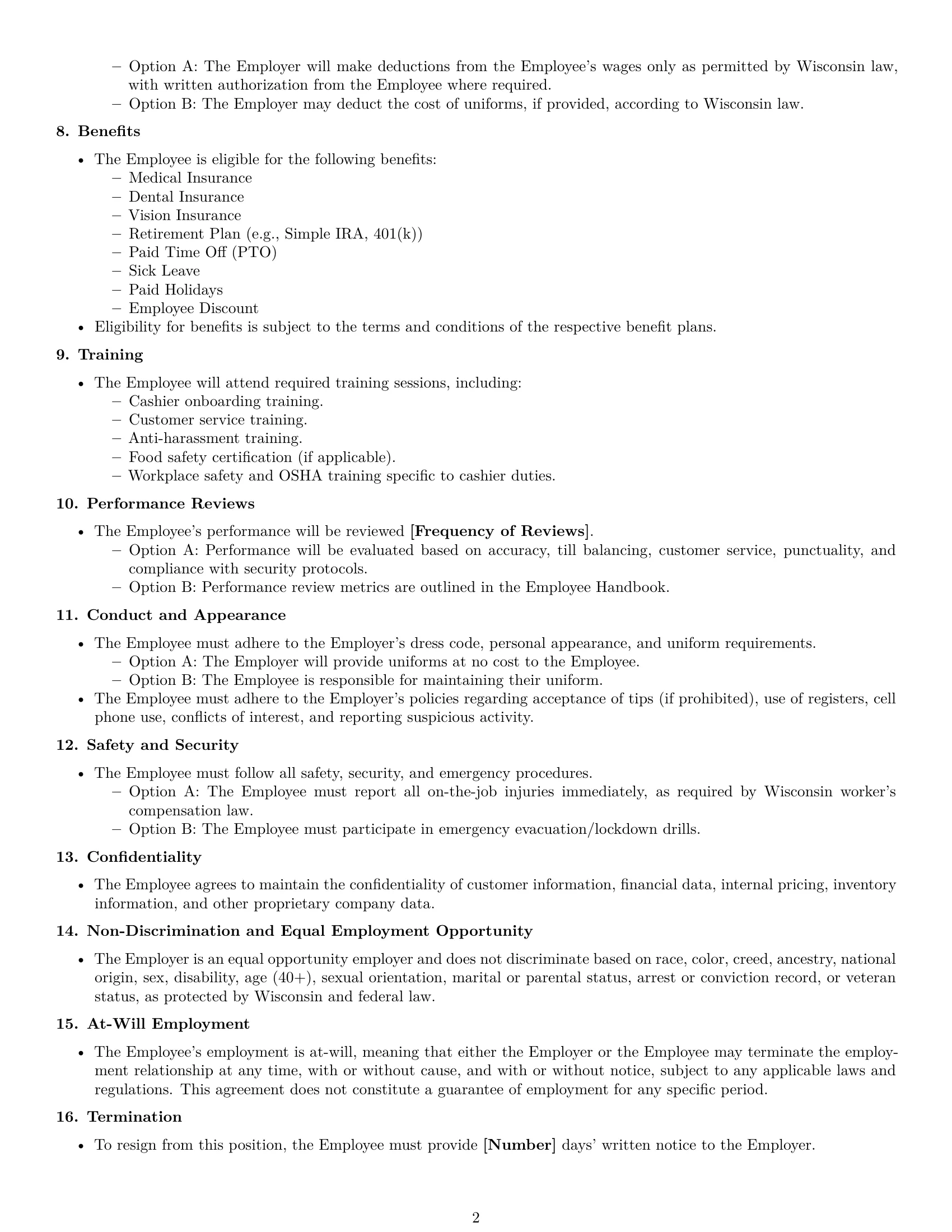Preview page 2 of Free Wisconsin cashier employment contract template