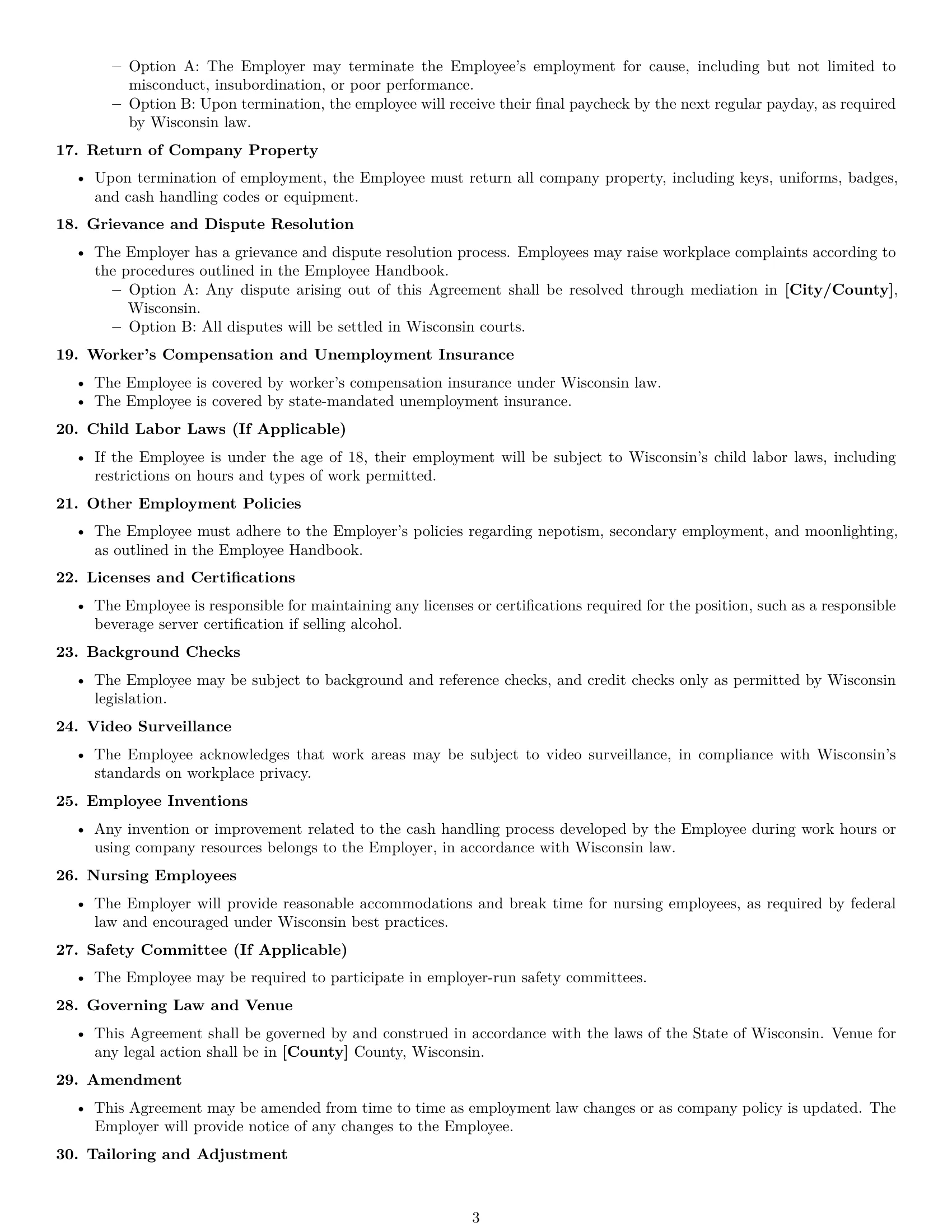 Preview page 3 of Free Wisconsin cashier employment contract template