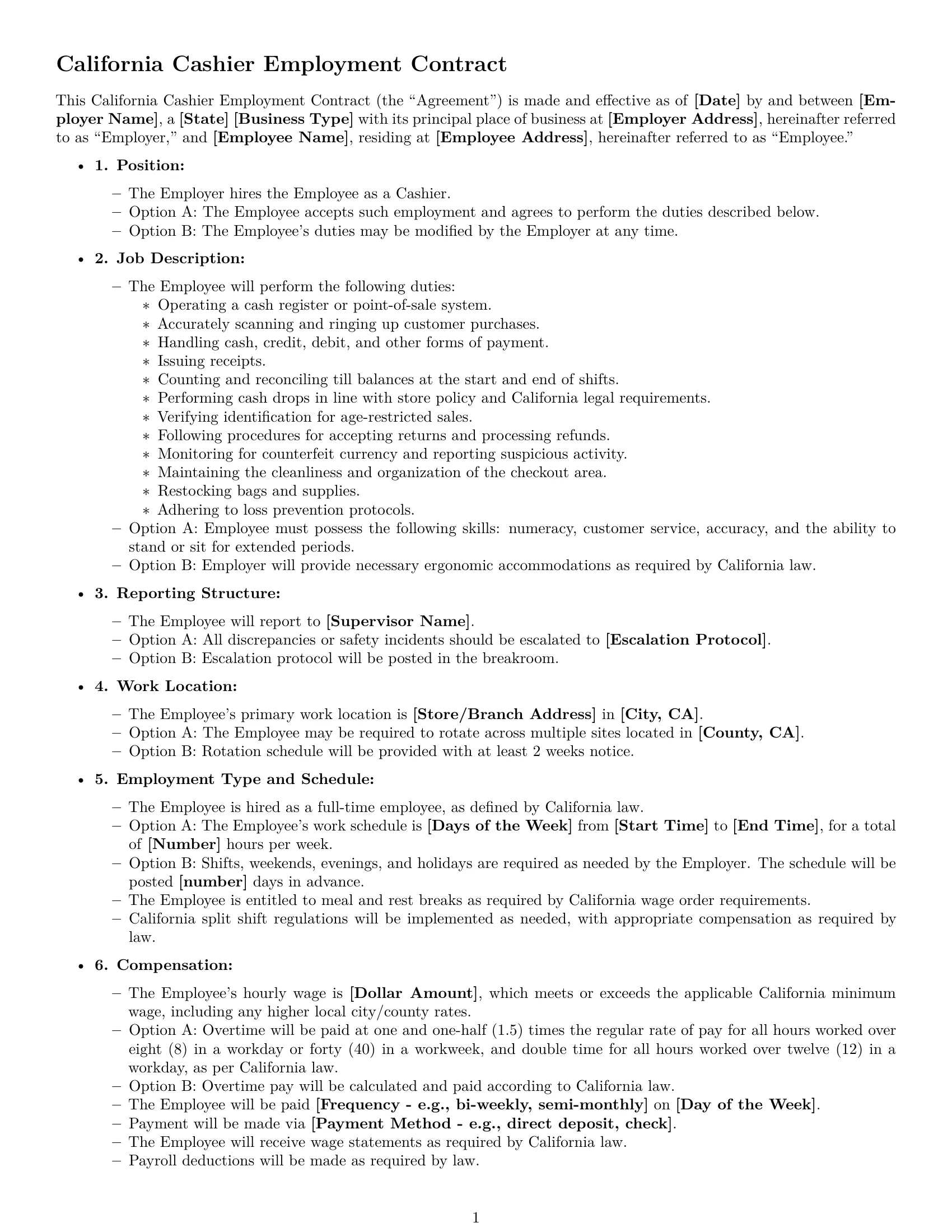 Preview page 1 of Free California cashier employment contract template