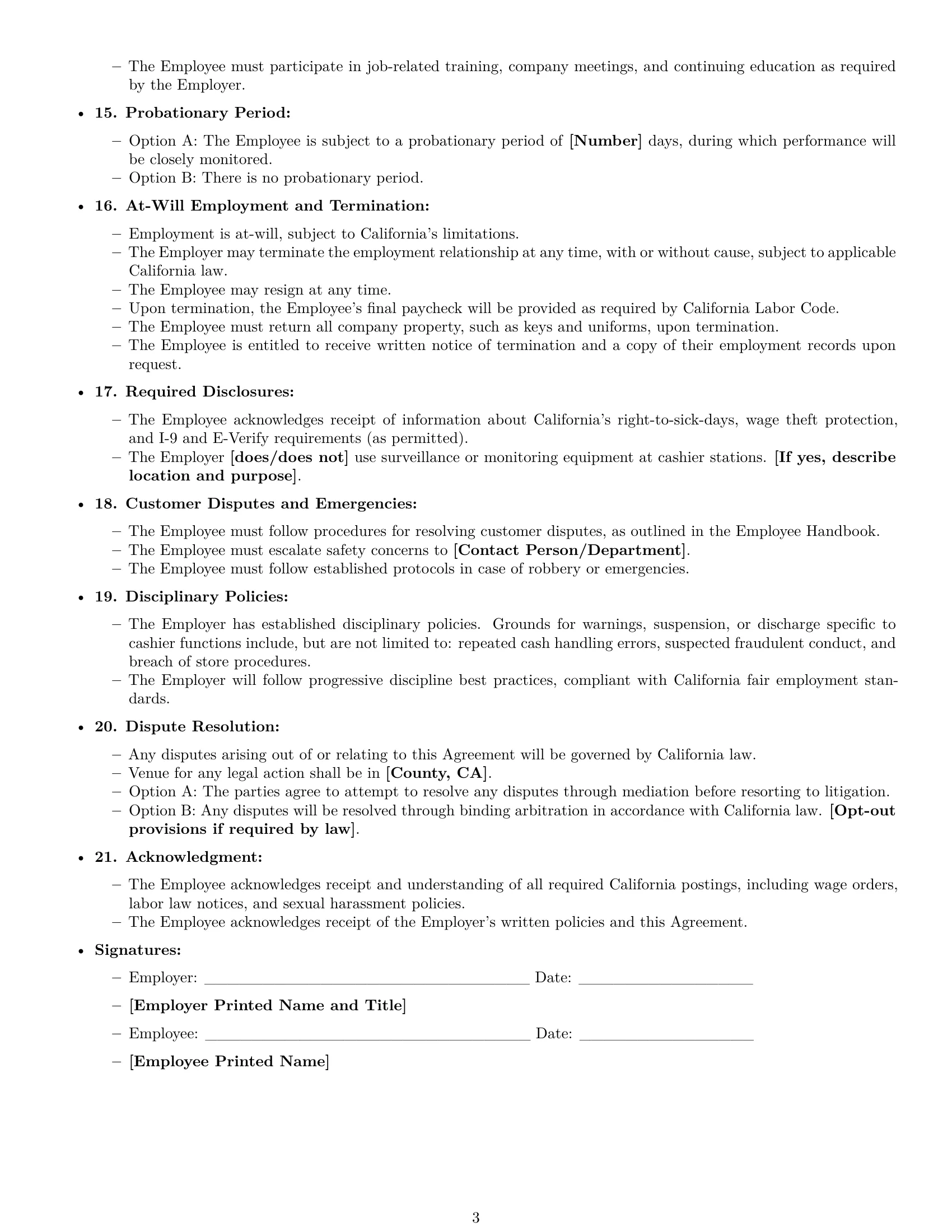 Preview page 3 of Free California cashier employment contract template