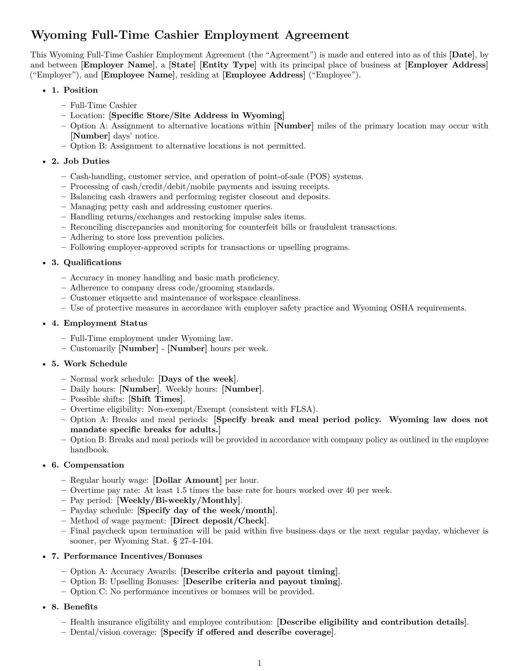 Preview page 1 of Free Wyoming cashier employment contract template